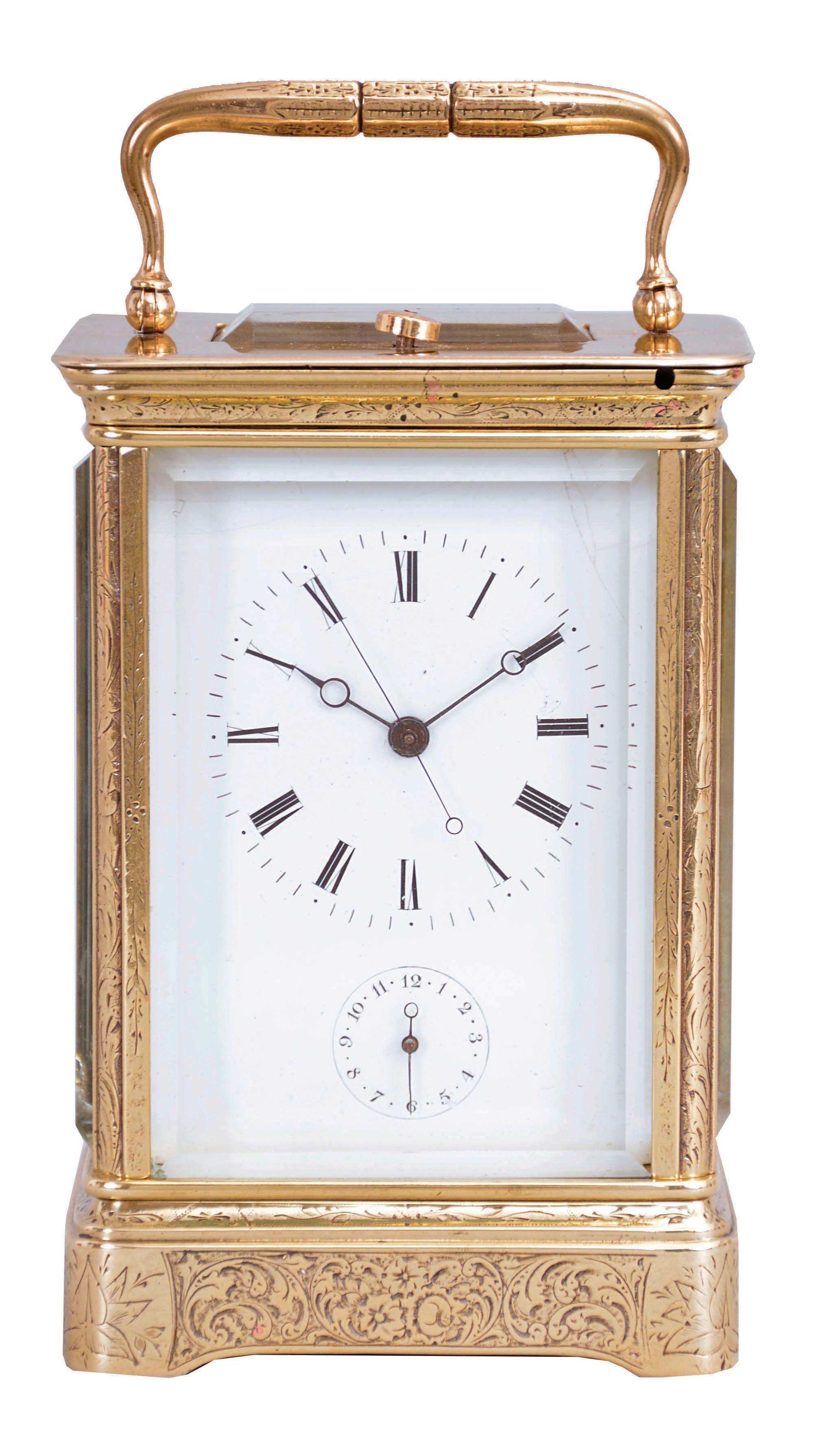 Japy Freres &amp; Cie., an engraved, Corniche cased, hour repeating carriage clock with sweep seconds, the case replete with engraved floral and foliate ornament, Roman numeral white enamel dial with subsidiary, arabic numeral alarm chapter, three train brass movement with lever platform ornamented with Asian market style engraving, striking the hour and half hour in passing, and repeating the last hour on demand — Antique Clocks Price Guide
