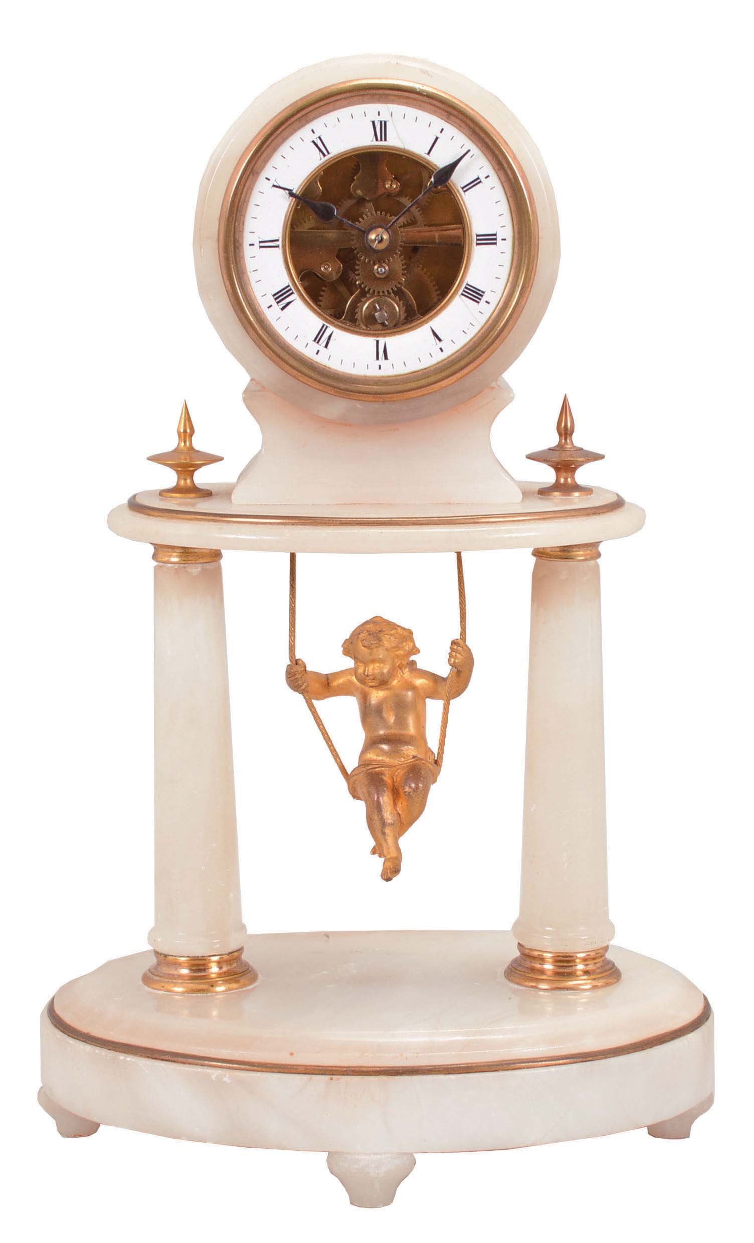 French, Eugene Farcot, 8 day, spring brass movement, Farcot-style chaff cutter movement with swinging doll pendulum in an alabaster mantel case. — Antique Clocks Price Guide