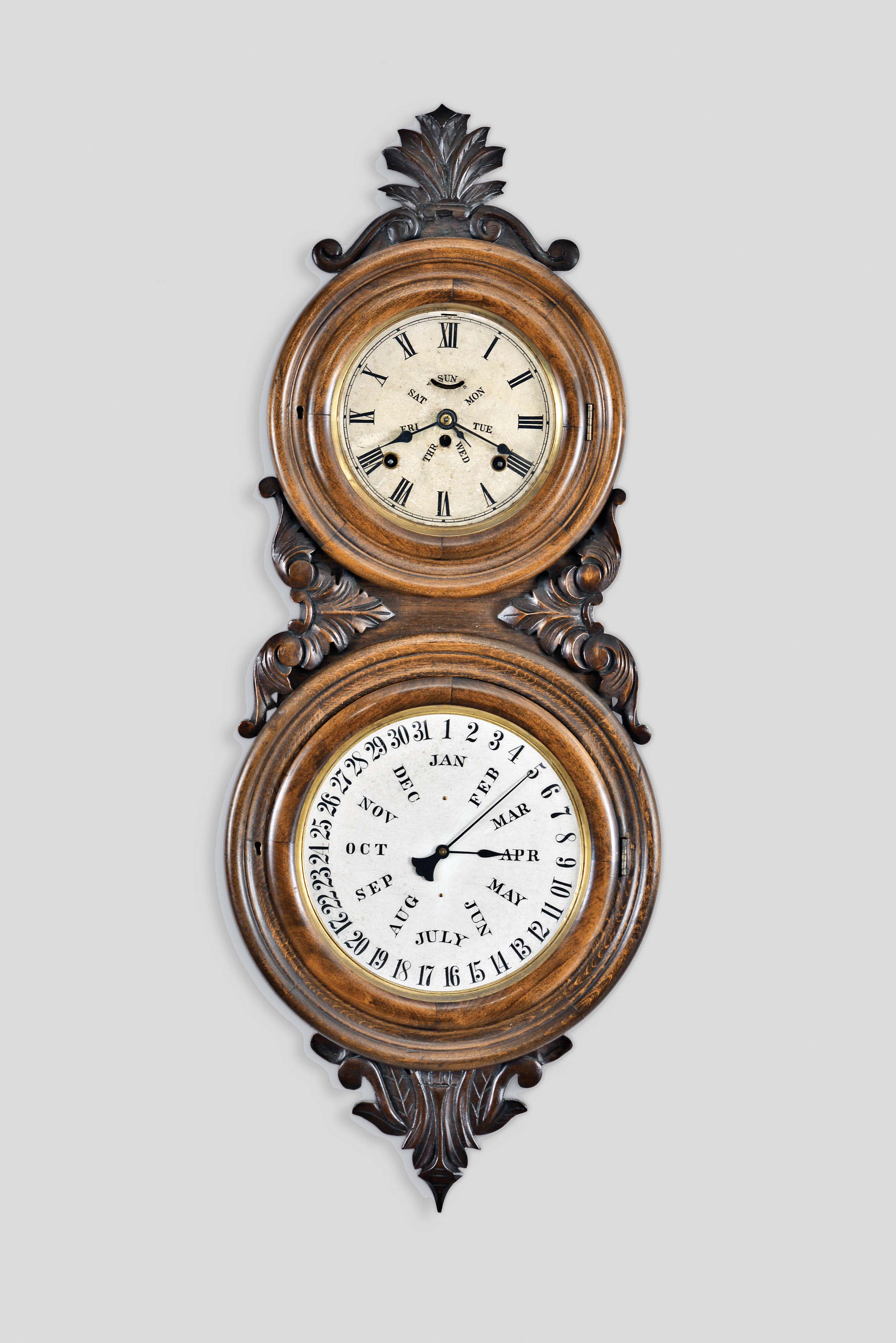 L. F. &amp; W. W. Carter, Bristol, Conn., wall hanging clock with a double spring driven [perhaps 8 day, but likely 30-day] balance escapement timepiece movement by Laporte Hubbell, with a B. B. Lewis patented perpetual calendar mechanism in a rosewood veneered case. This is a rare model. — Antique Clocks Price Guide