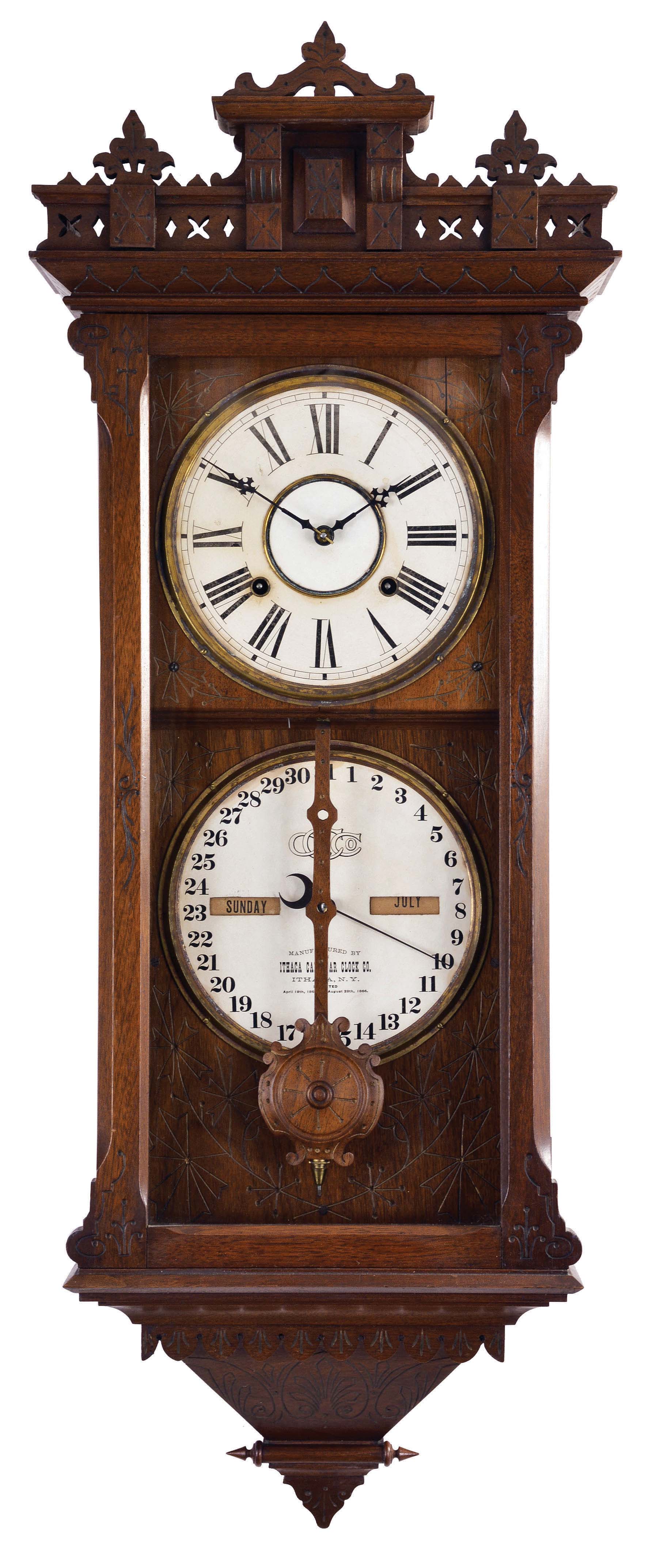Ithaca Calendar Clock Co., Ithaca, New York, "No. 5 1/2 Hanging Belgrade" wall clock with a spring driven, 8 day, time and strike movement with a H. B. Horton patented perpetual calendar mechanism in a walnut case. — Antique Clocks Price Guide