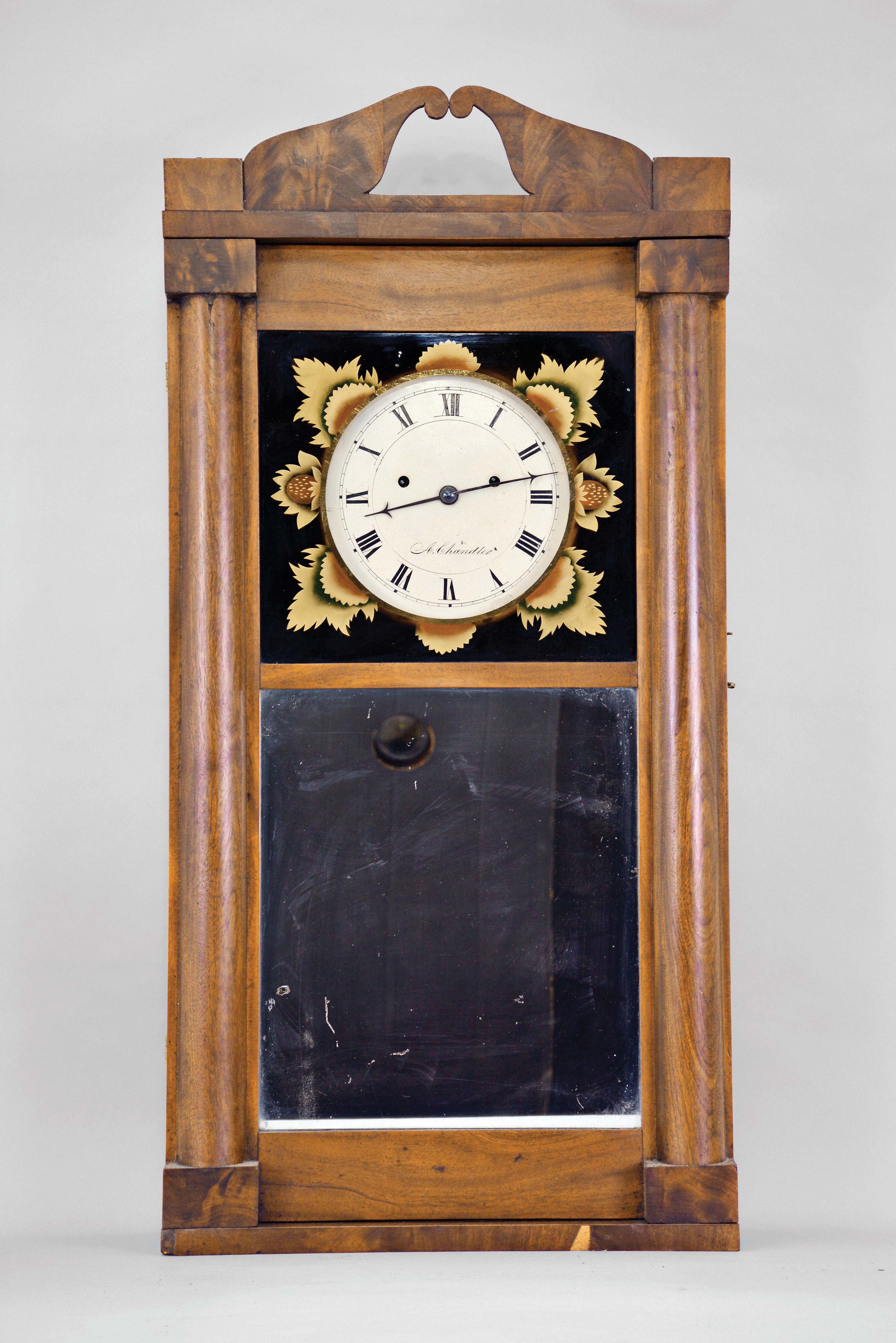 Abiel Chandler, Concord, New Hampshire, 8 day, time and "Rat-Trap" strike weight driven brass movement New Hampshire Mirror clock. — Antique Clocks Price Guide