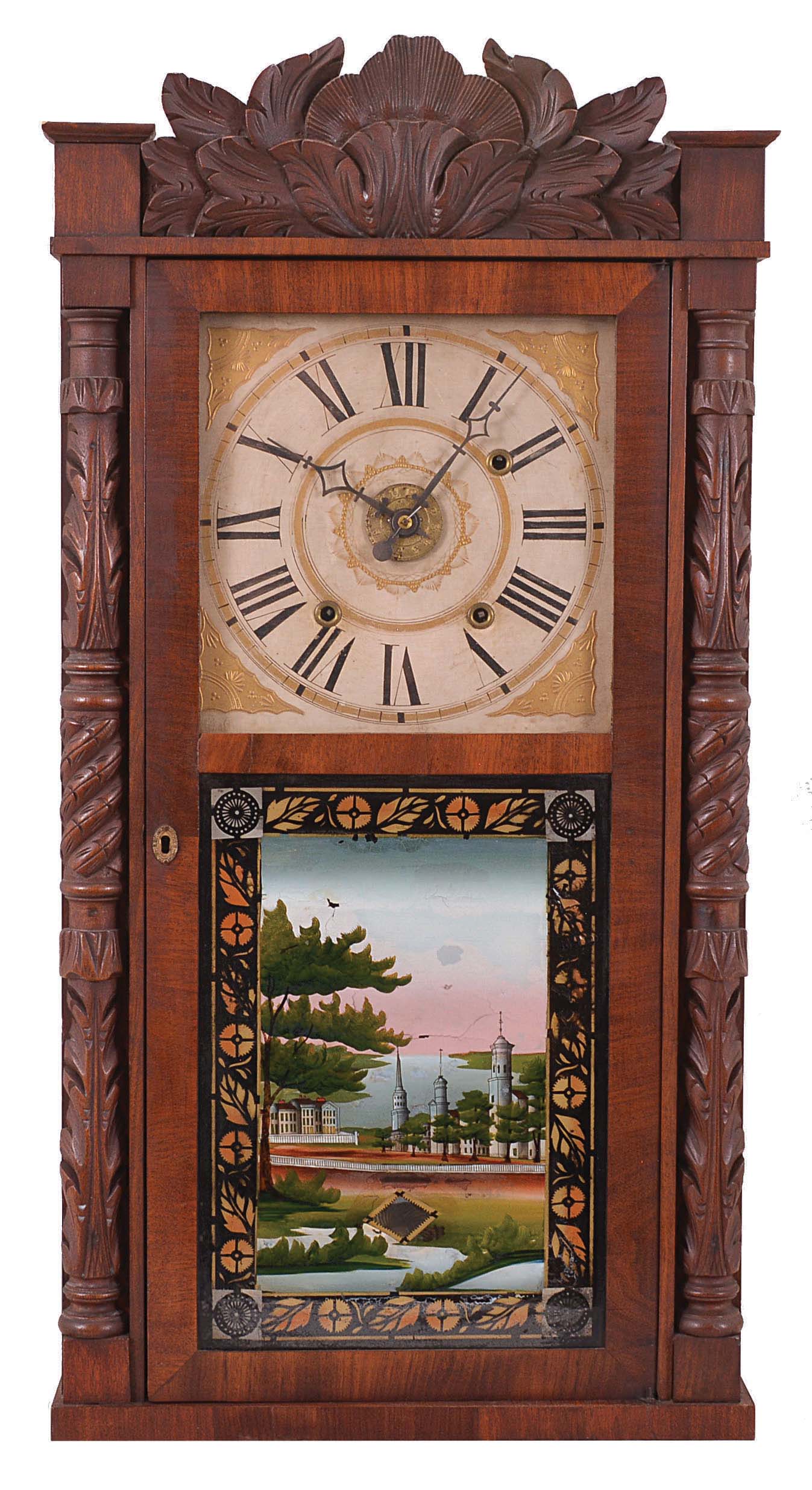 Boardman &amp; Wells for Hiram Hunt, Bangor, Maine, 30 hour, time, strike and alarm weight wood movement carved column and crest shelf clock. — Antique Clocks Price Guide