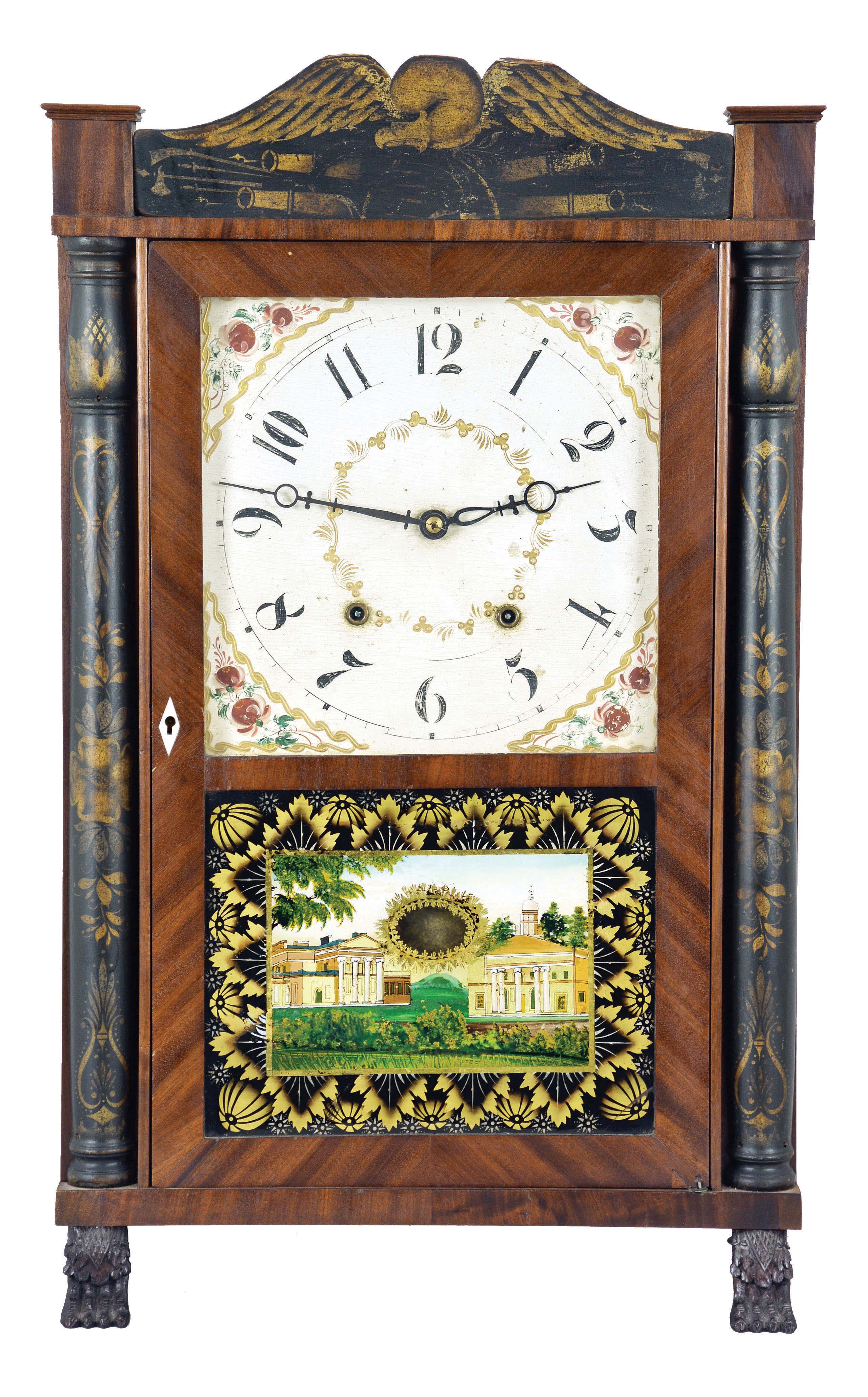 E. Terry &amp; Sons, Plymouth, Conn., 30 hour, time and strike, weight wood movement half column &amp; splat shelf clock. — Antique Clocks Price Guide