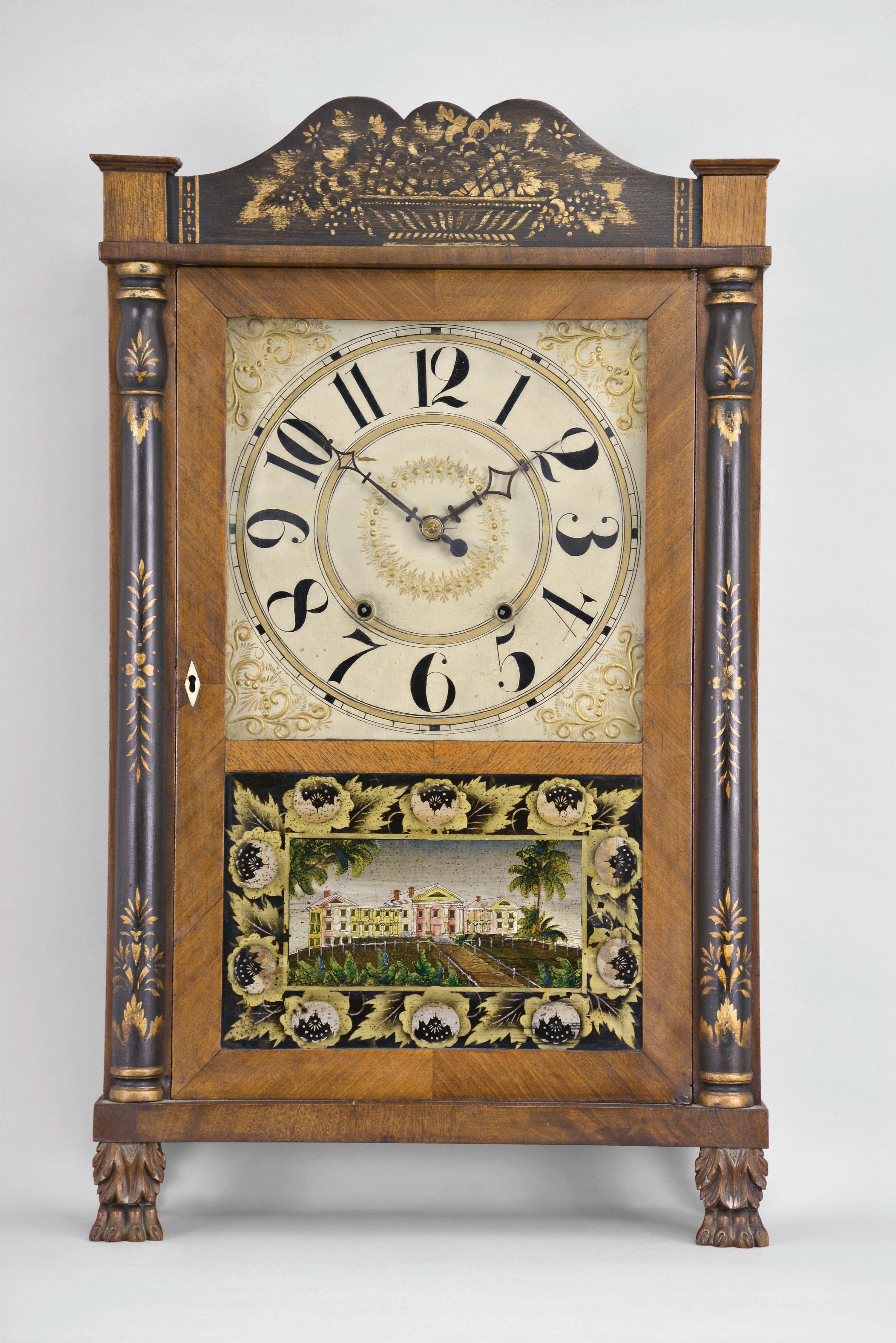 Ephraim Downs, Bristol, Conn., 30 hour, time and strike, weight wood movement half column &amp; splat shelf clock. — Antique Clocks Price Guide