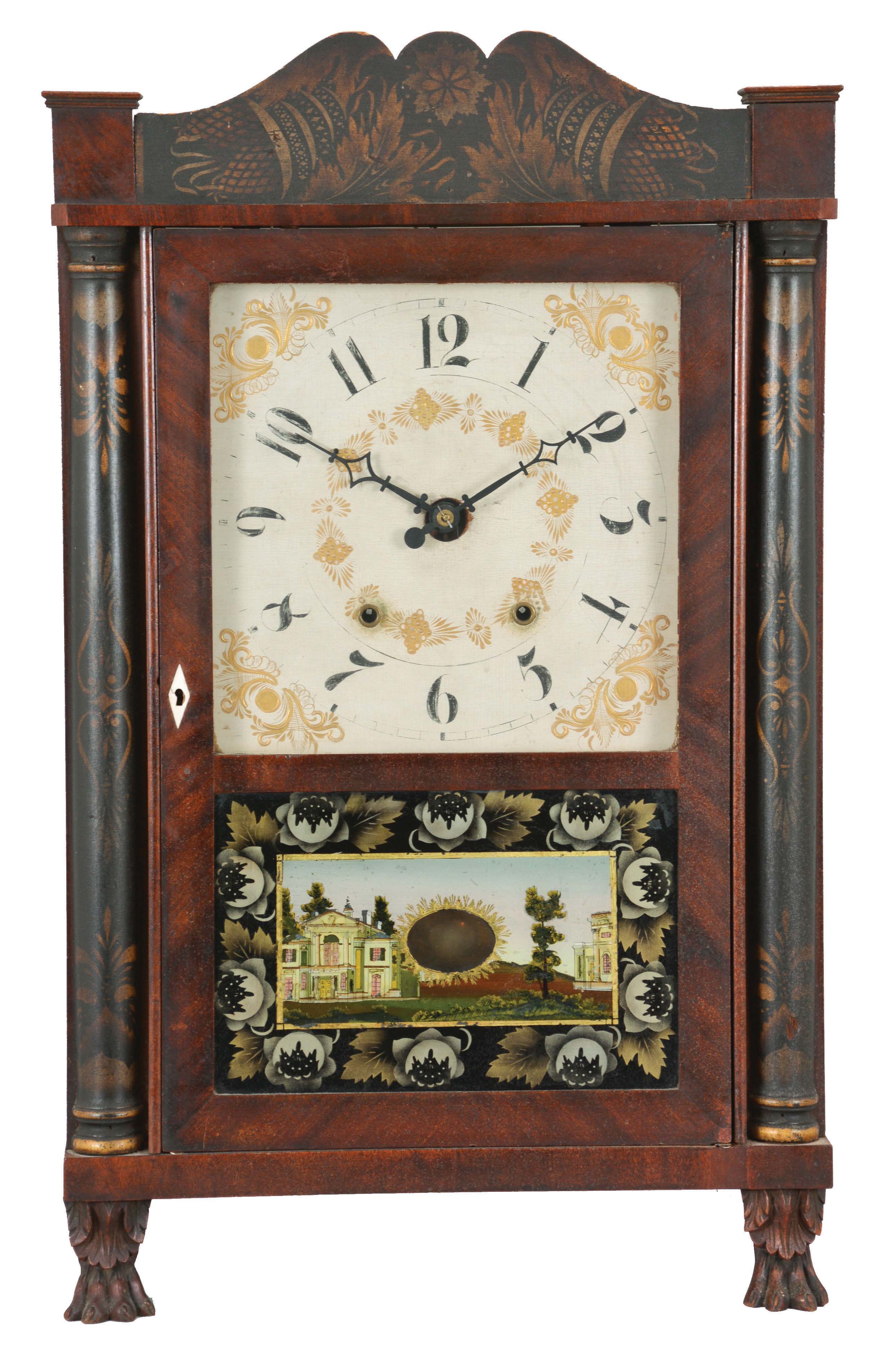 E. Terry &amp; Sons, Plymouth, Conn., 30 hour, time and strike, weight wood movement half column &amp; splat shelf clock. — Antique Clocks Price Guide