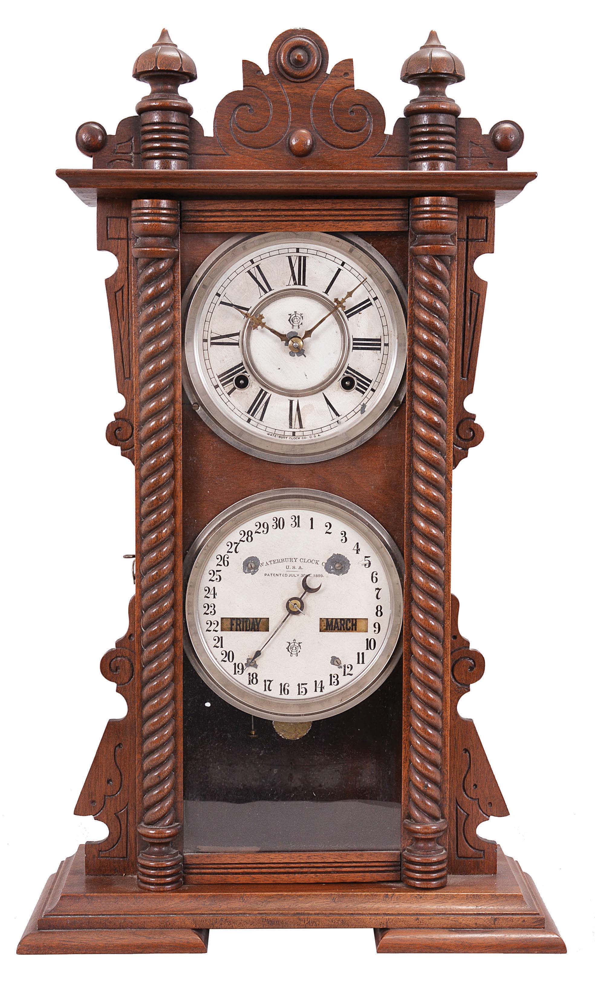Waterbury Clock Co., Waterbury, Conn., "Calendar No. 40" shelf clock with a spring driven, 8 day, time and strike movement with a patented perpetual calendar mechanism in a walnut case. — Antique Clocks Price Guide