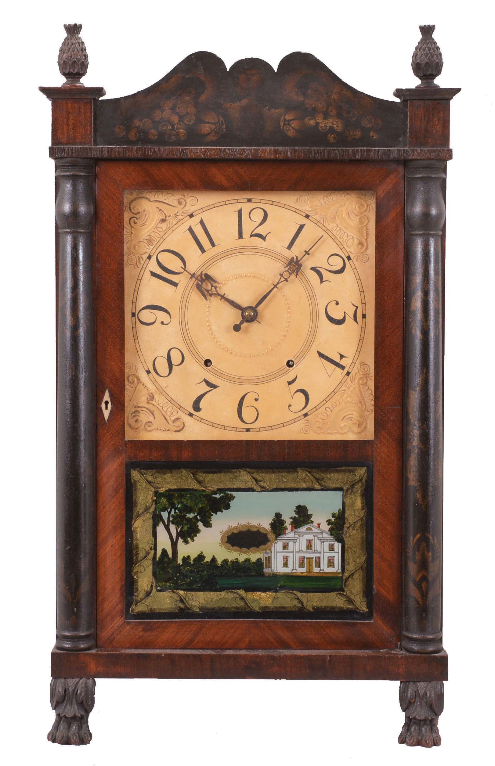 Atkins &amp; Downs for George Mitchell, Bristol, Conn., 30 hour, time and strike, weight wood movement half column &amp; splat shelf clock. — Antique Clocks Price Guide