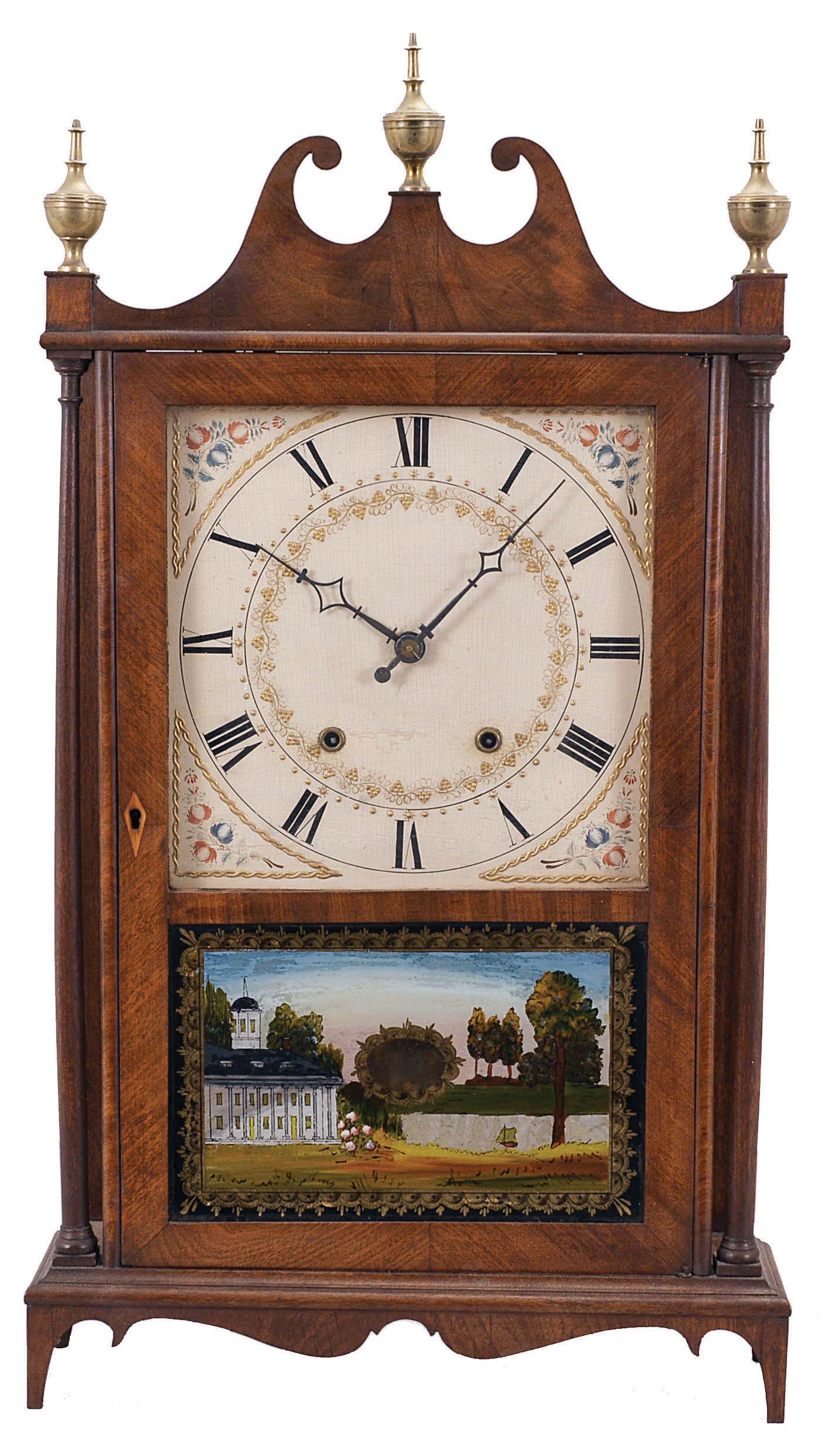 Charles Kirk for George Mitchell, Bristol, Conn., 30 hour, time and strike, weight wood movement pillar &amp; scroll shelf clock. — Antique Clocks Price Guide