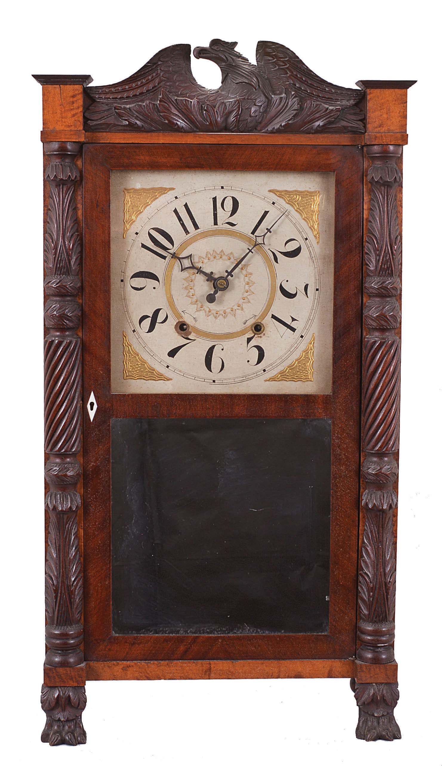 Riley Whiting, Winchester, Conn., 30 hour, time and strike, weight wood movement carved column &amp; eagle splat shelf clock. — Antique Clocks Price Guide