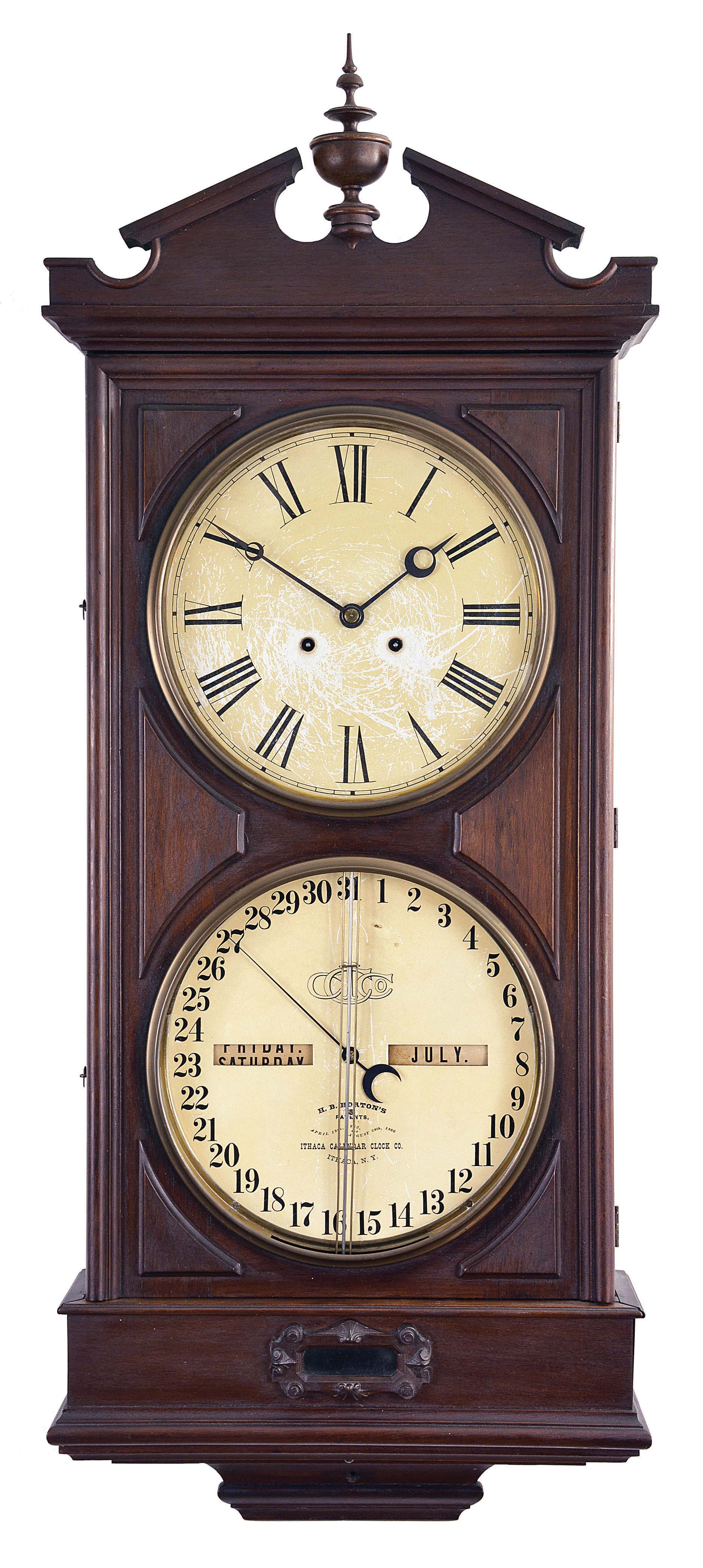 Ithaca Calendar Clock Co., Ithaca, New York, "No. 2 Regulator" or "Hanging Bank" wall clock with a double weight driven timepiece movement (Welch, Spring &amp; Co.) and a H. B. Horton's patented perpetual calendar mechanism in a walnut case. — Antique Clocks Price Guide