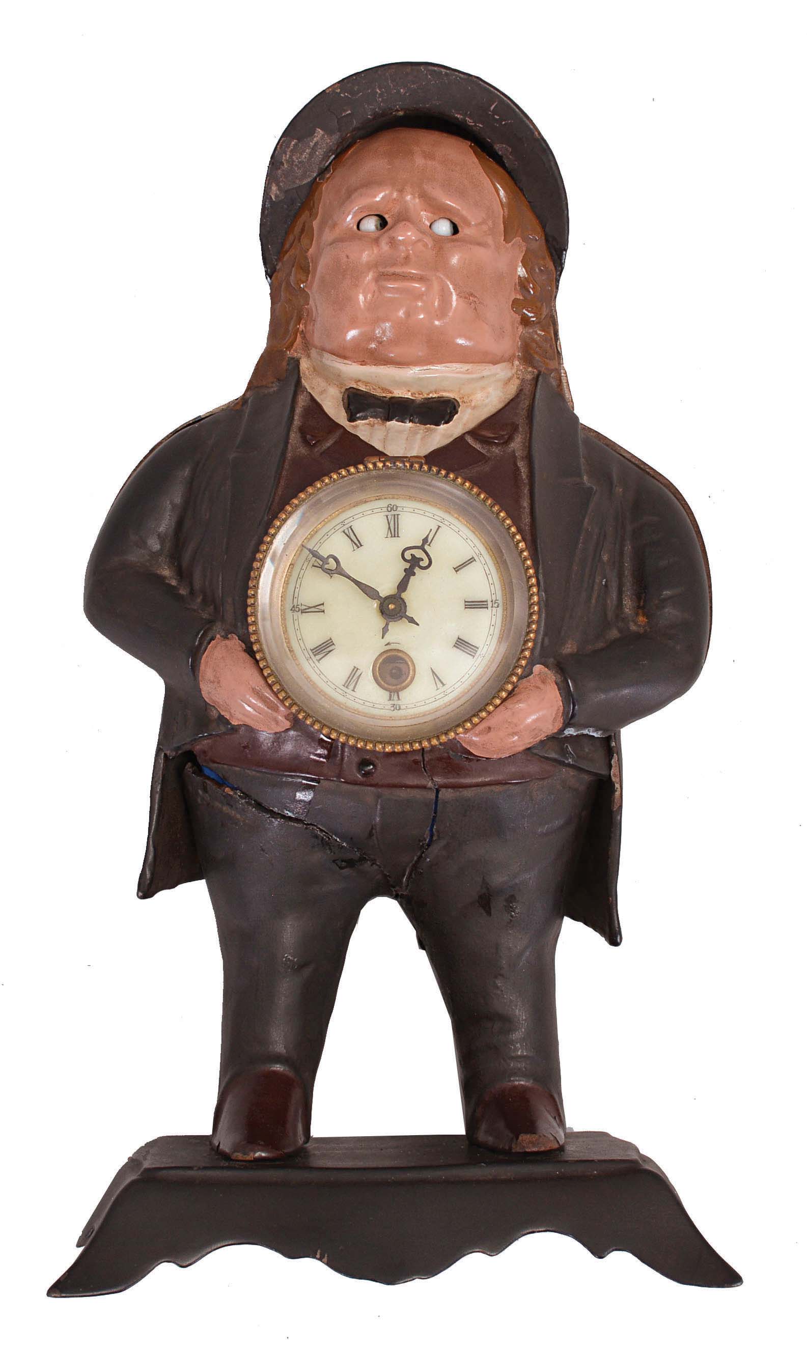 Bradley &amp; Hubbard, Meriden, Conn., "John Bull" blinking eye shelf clock with a spring driven, 30 hour, timepiece with a balance wheel escapement in a painted cast iron case. — Antique Clocks Price Guide