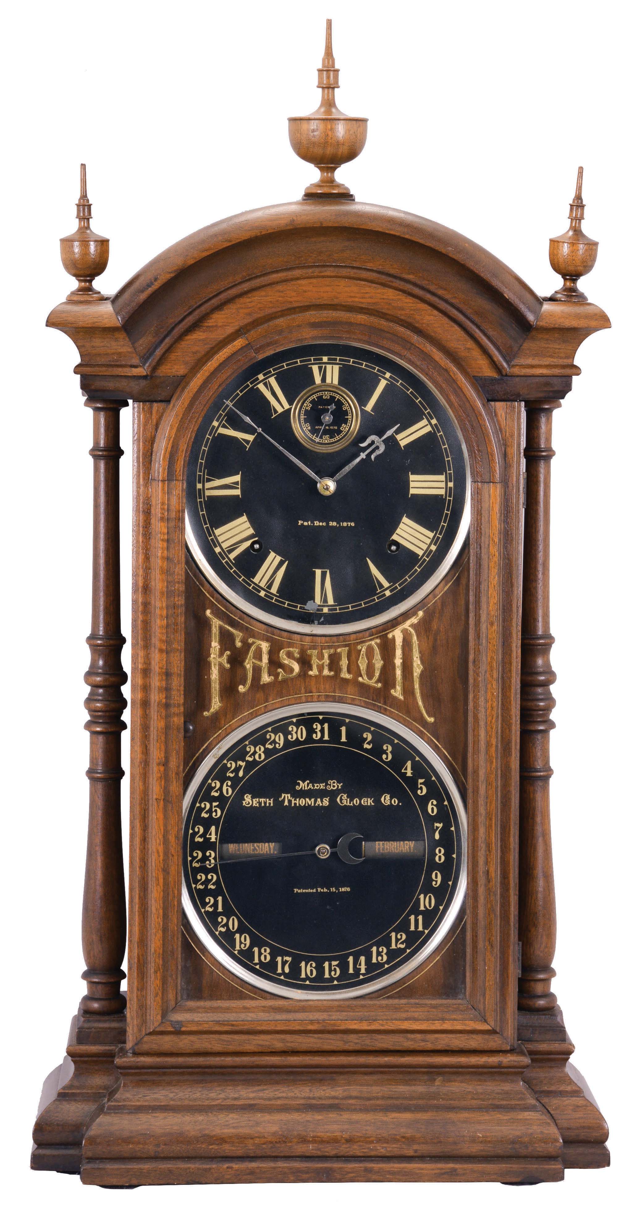 Southern Calendar Clock Co., St. Louis, Mo., "Fashion No. 6" shelf clock with a spring driven, 8 day, Seth Thomas time and strike movement and a R. T Andrews patented perpetual calendar mechanism in a walnut case with black paper dials. — Antique Clocks Price Guide