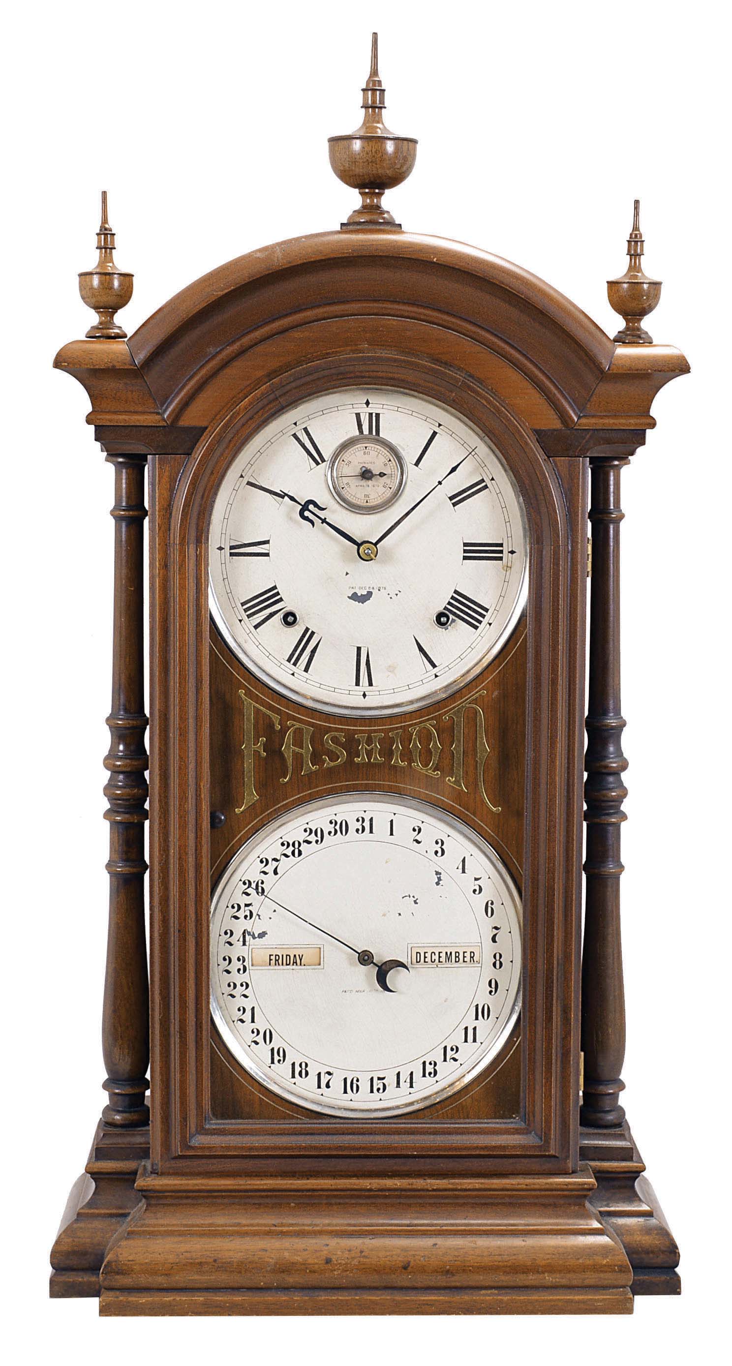 Southern Calendar Clock Co., St. Louis, Mo., "Fashion No. 5" shelf clock with a Seth Thomas spring driven, 8 day, time and strike movement and a R. T. Andrews perpetual calendar mechanism, in a walnut case. — Antique Clocks Price Guide