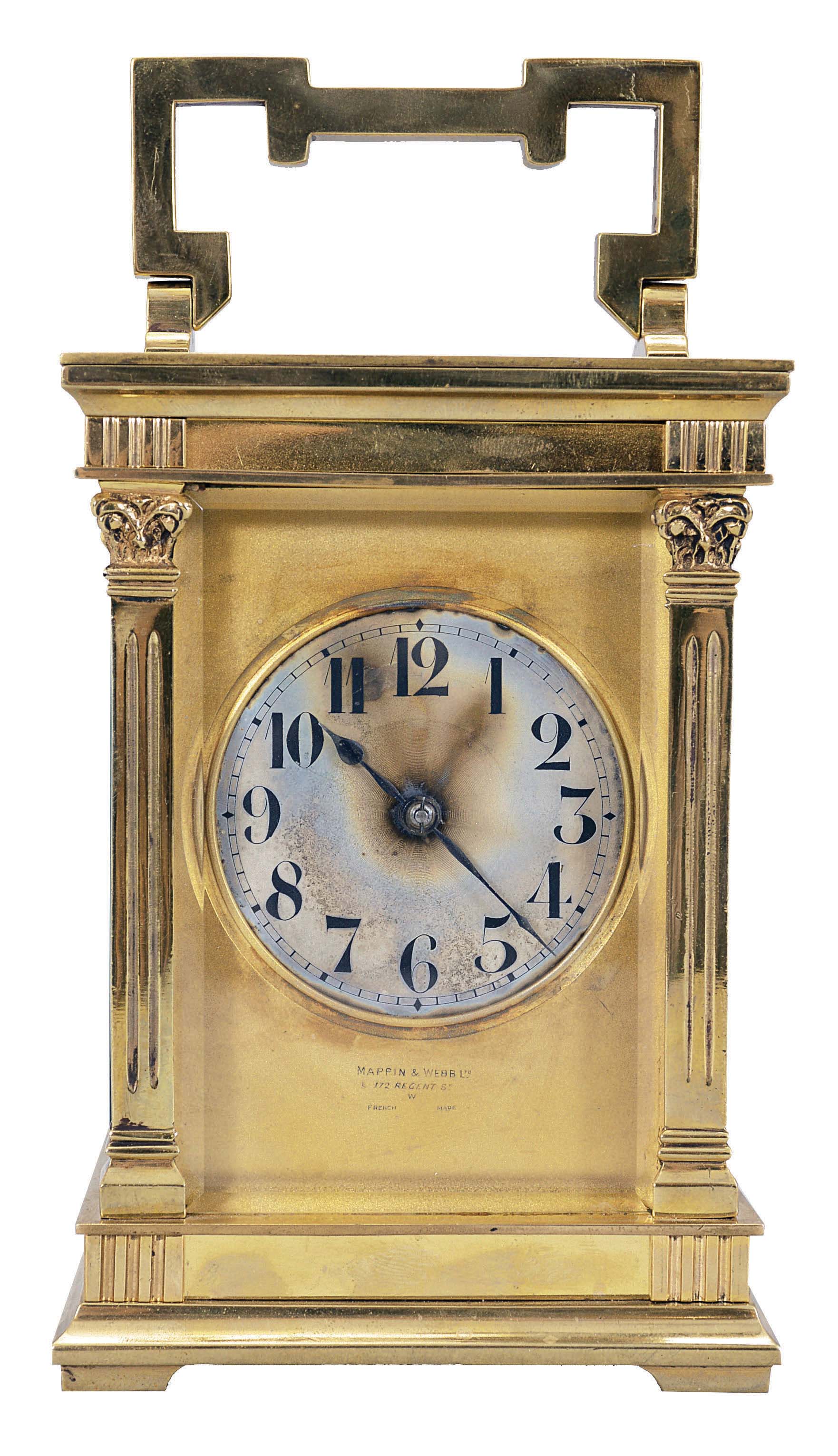 France, carriage clock, 8 day, time and strike counting the hours on a gong, spring driven movement with lever platform in an Anglaise case with fluted pilasters and and set with beveled glasses, gilt mask reading in part "Mappin &amp; Webb Ltd. / 172 Regent St." surrounding a silvered dial with Arabic numerals, blued steel hands. — Antique Clocks Price Guide
