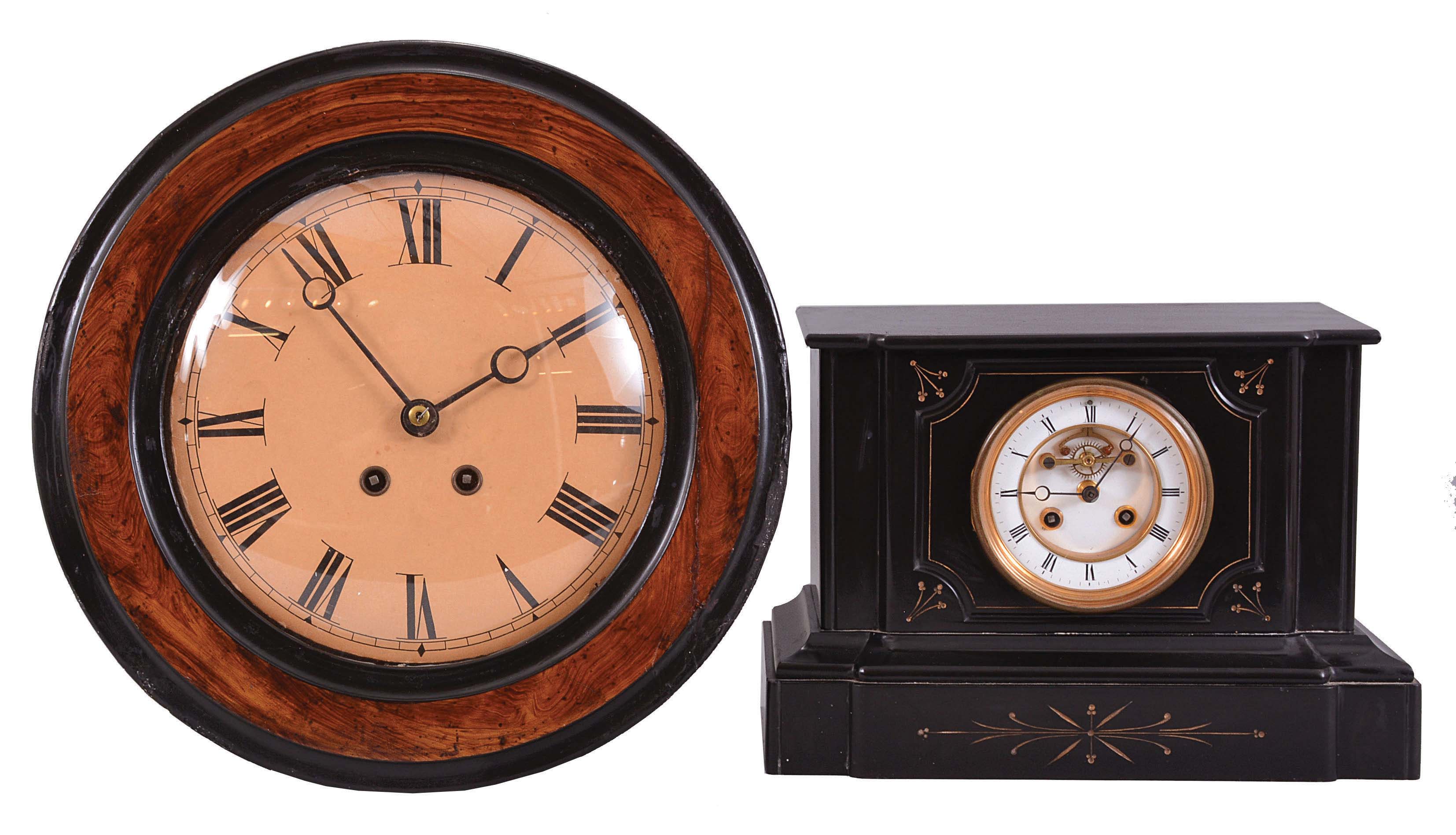 Clocks- 2 (French): (1) France, wall clock, 8 day, time and gong strike, square Morbier style spring driven movement in an octagonal ebonized wood case with round grain-painted bezel holding a convex glass over a papered metal dial with Roman numerals and Breguet style hands, c1890. (2) Marti &amp; Cie, Paris, mantel clock, 8 day, time and bell strike, spring driven movement with exposed Brocot escapement in an incised black slate case with a stepped and molded base, sunk dial surrounded by a white enamel chapter ring with Roman numerals, blued steel Breguet style hands, c1880. — Antique Clocks Price Guide