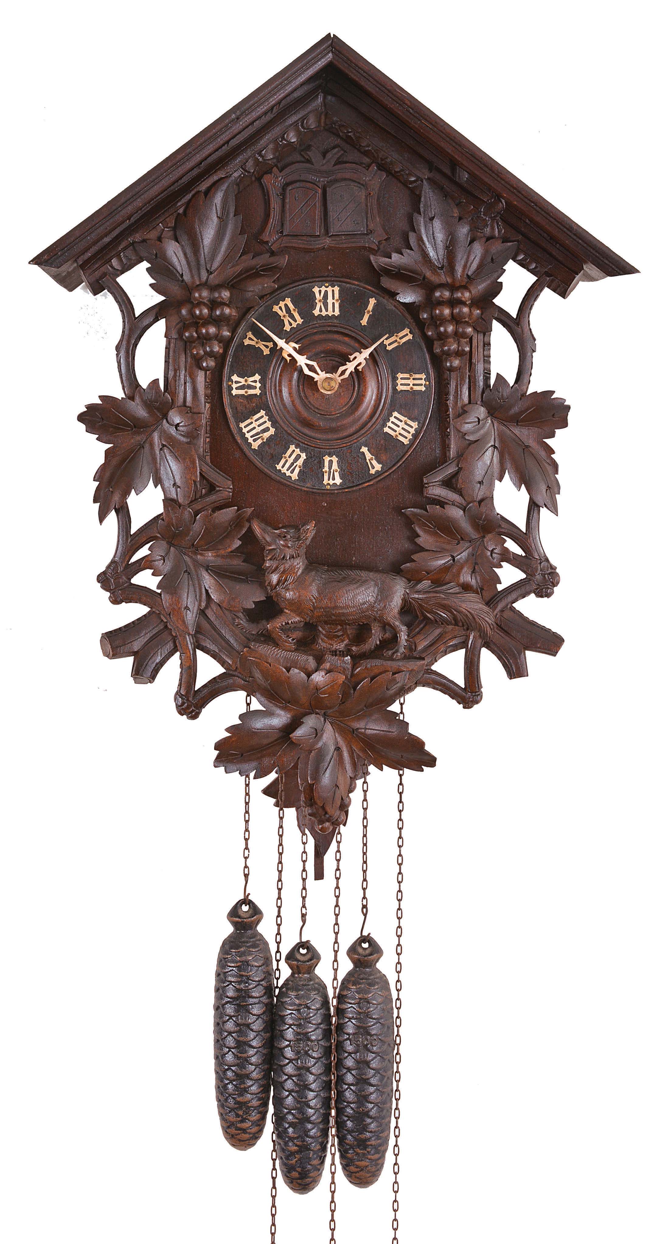 G. G. Berger, Germany, cuckoo and quail wall clock, 30 hour, time and bell strike with animated cuckoo and quail which calls on the quarters, three weight brass movement in a wood case featuring foliage, grapes, and a fox carved below the dial, painted wood cuckoo and quail birds with articulated beaks and wings, the dial with bone hands. — Antique Clocks Price Guide