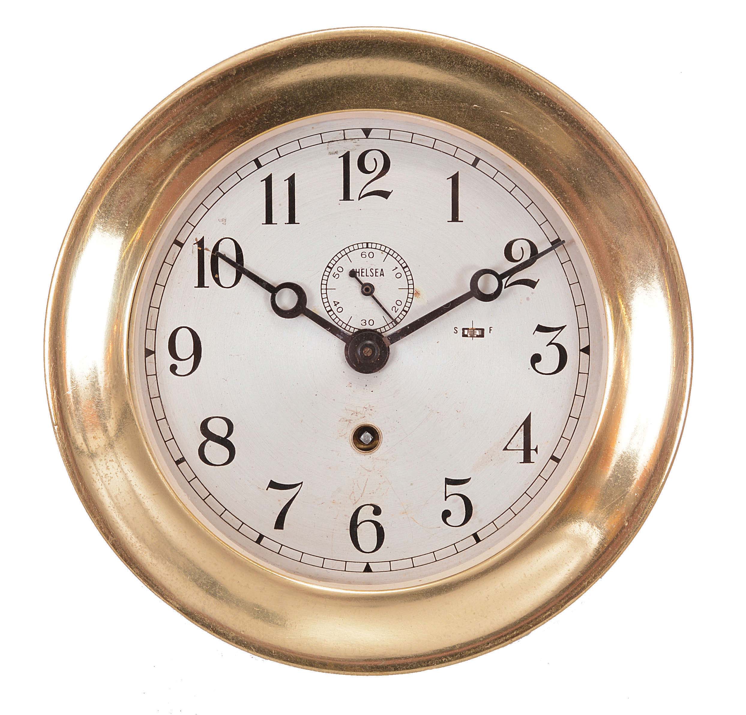 Chelsea Clock Co.. Boston, Mass., 8 day, spring brass lever movement ward or engine room wall timepiece, serial #590918 — Antique Clocks Price Guide