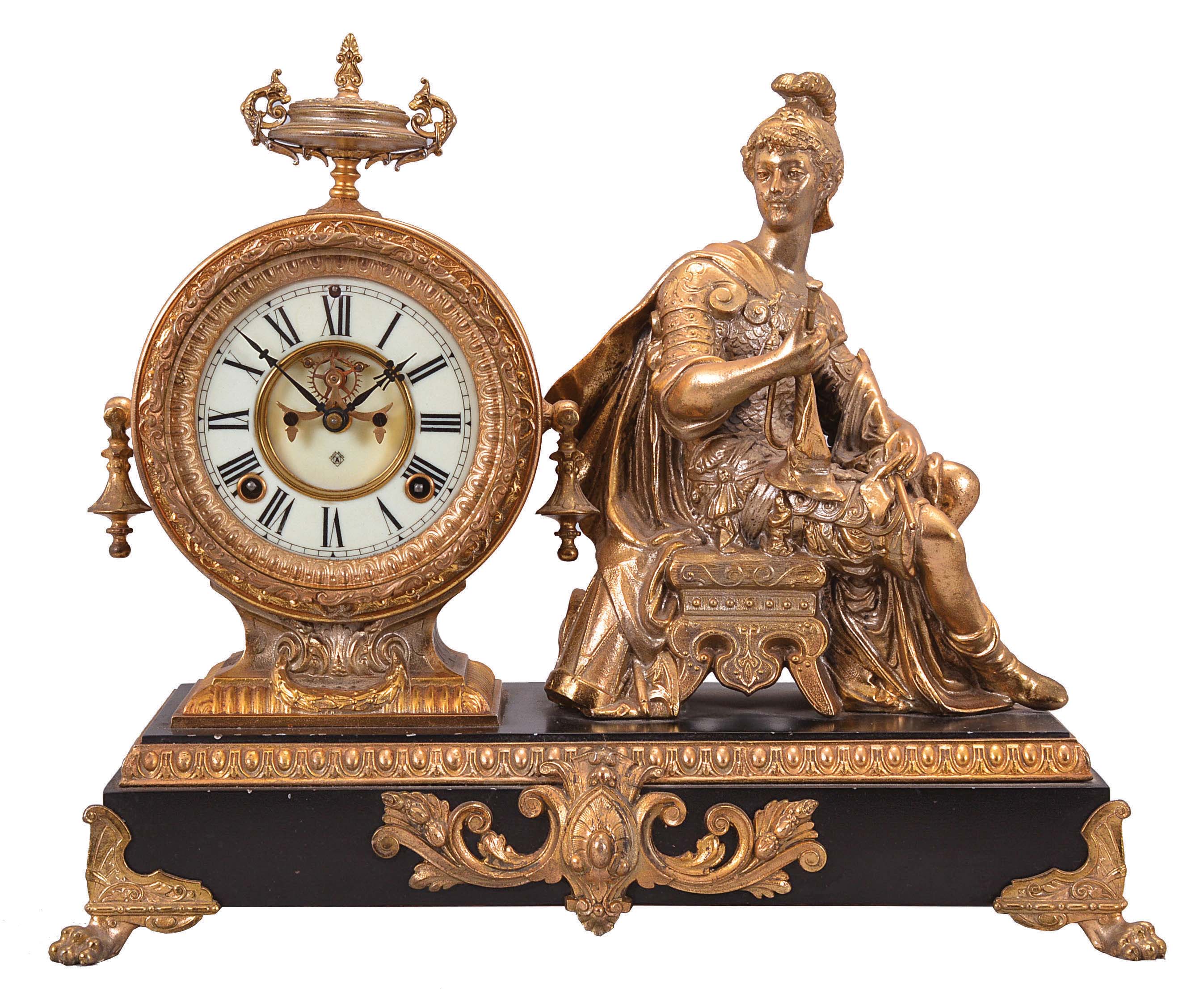 Ansonia Clock Co., New York, "Victory", 8 day, time and strike brass movement figural mantel clock. — Antique Clocks Price Guide