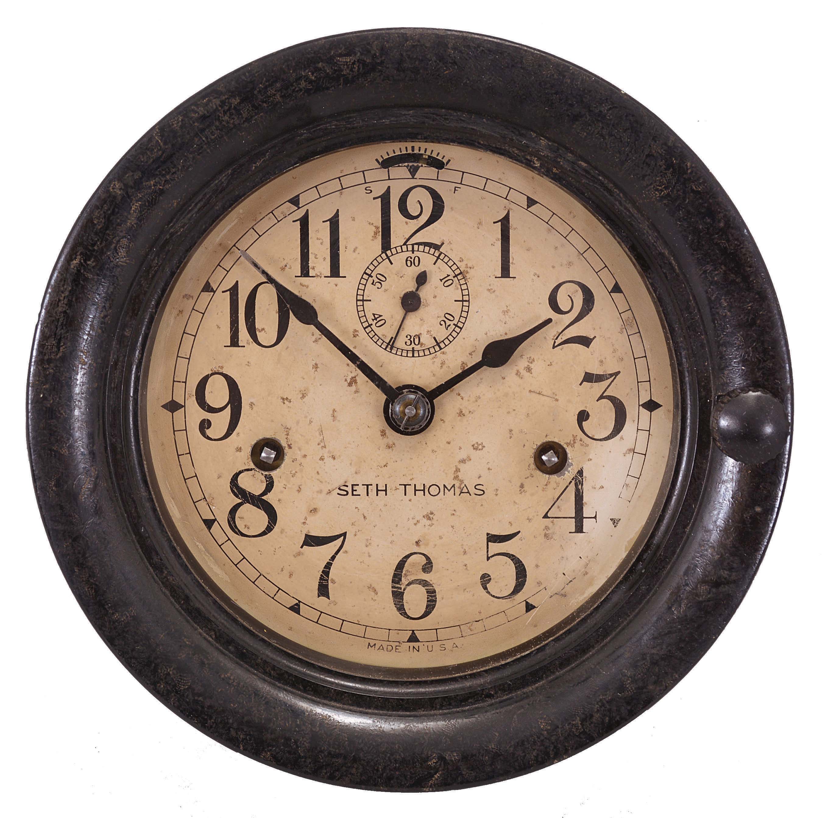 Seth Thomas Clock Co., Thomaston, Conn., "6 inch lever", 8 day, double wind spring brass lever movement engine or ward room wall timepiece. — Antique Clocks Price Guide