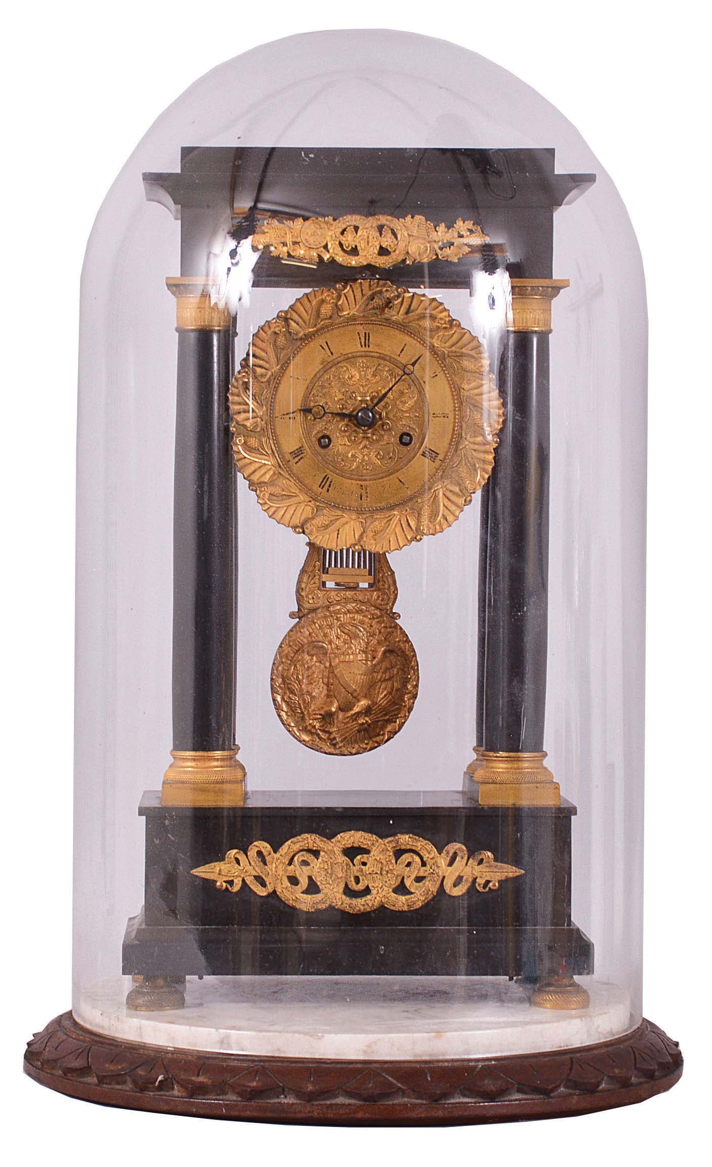French, 8 day, time and strike, spring brass movement marble 4-column empire mantel clock. — Antique Clocks Price Guide
