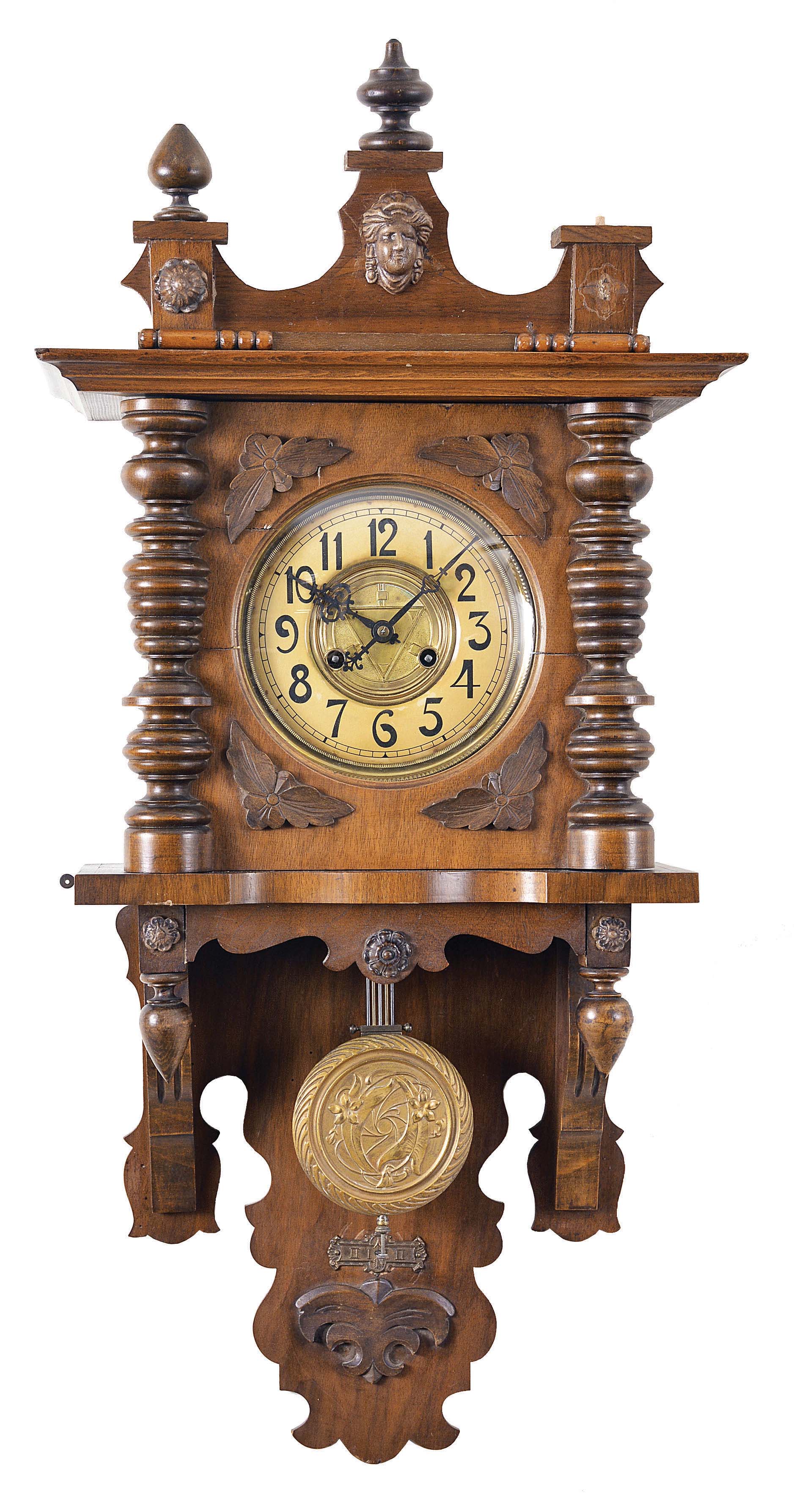 Clocks- 3 (Three) German Wall: (1) Germany, RA wall clock, 8 day, time and strike, spring driven movement with deadbeat escapement in a walnut veneer Altdeutsch case, c1890. (2) Gebreder Junghans, Schramberg, Germany, box clock, 8 day, time and strike on chime rod, weight driven movement with deadbeat escapement in an Art Deco ash case, c1920. (3) Kraft Behrens, Leipzig, Germany, box clock, 8 day, time and gong strike, spring driven movement in a walnut case, c1930. — Antique Clocks Price Guide