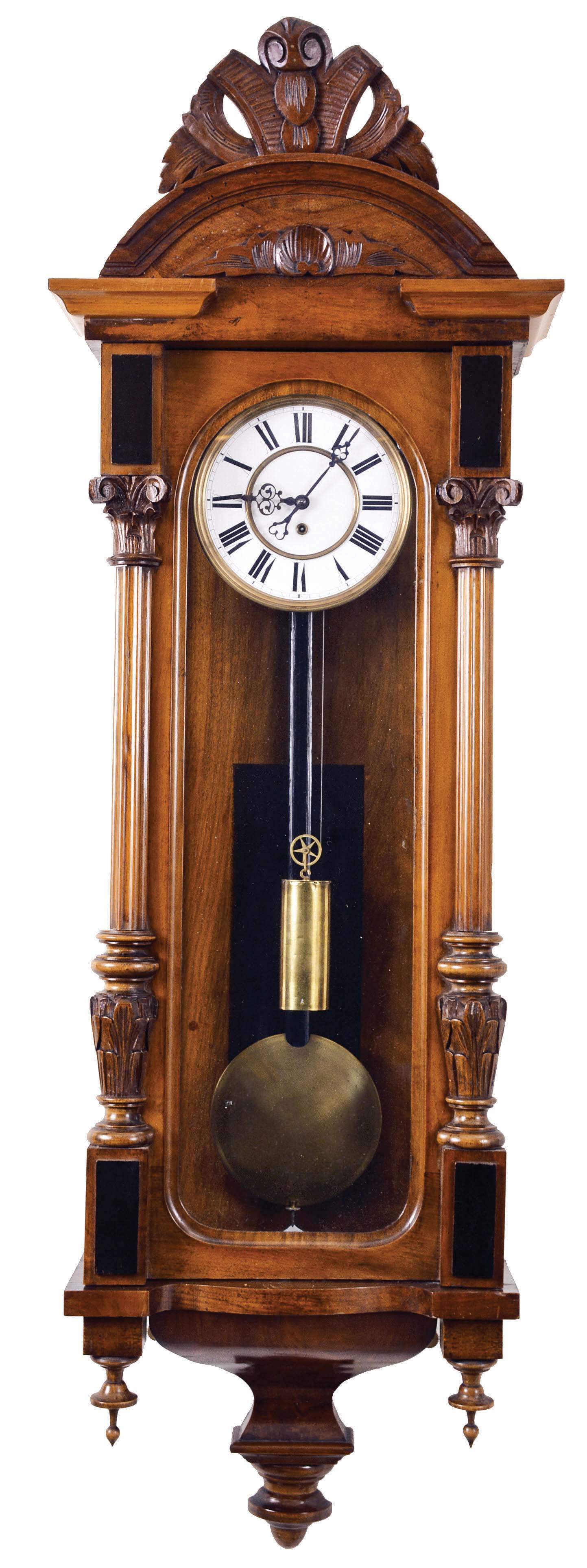 Clocks- 2 (Two) Vienna style wall clocks, 8 day duration, by Resch Brothers, Ebensee, Austria, movement stamped "REMEMBER" in carved walnut case: (1) time only; (2) time and strike, dial signed "F. Sichrovsky" — Antique Clocks Price Guide