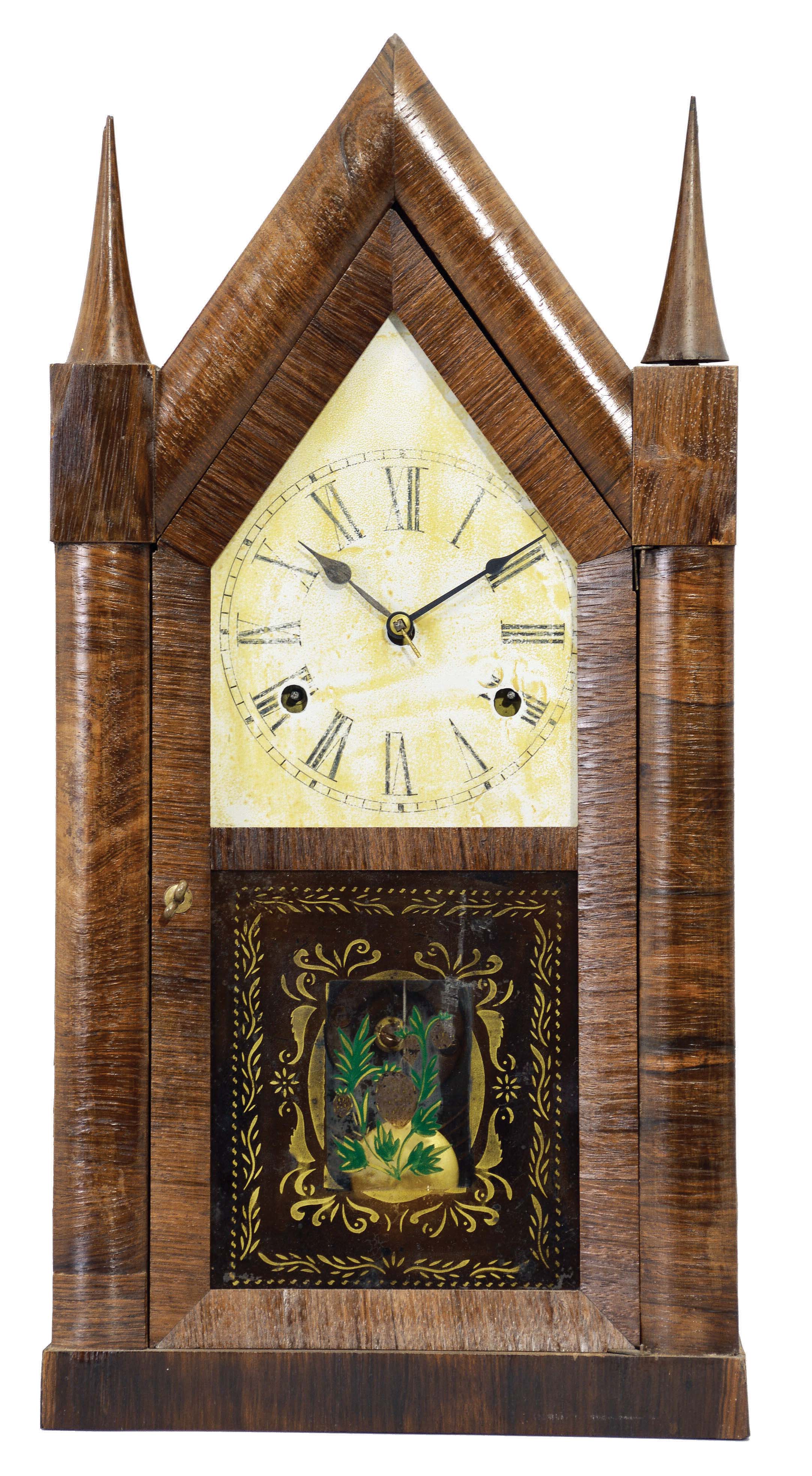 Chauncey Jerome, New Haven, Conn., Steeple shelf clock with a 30 hour, time and strike fusee movement in a mahogany veneered case. — Antique Clocks Price Guide