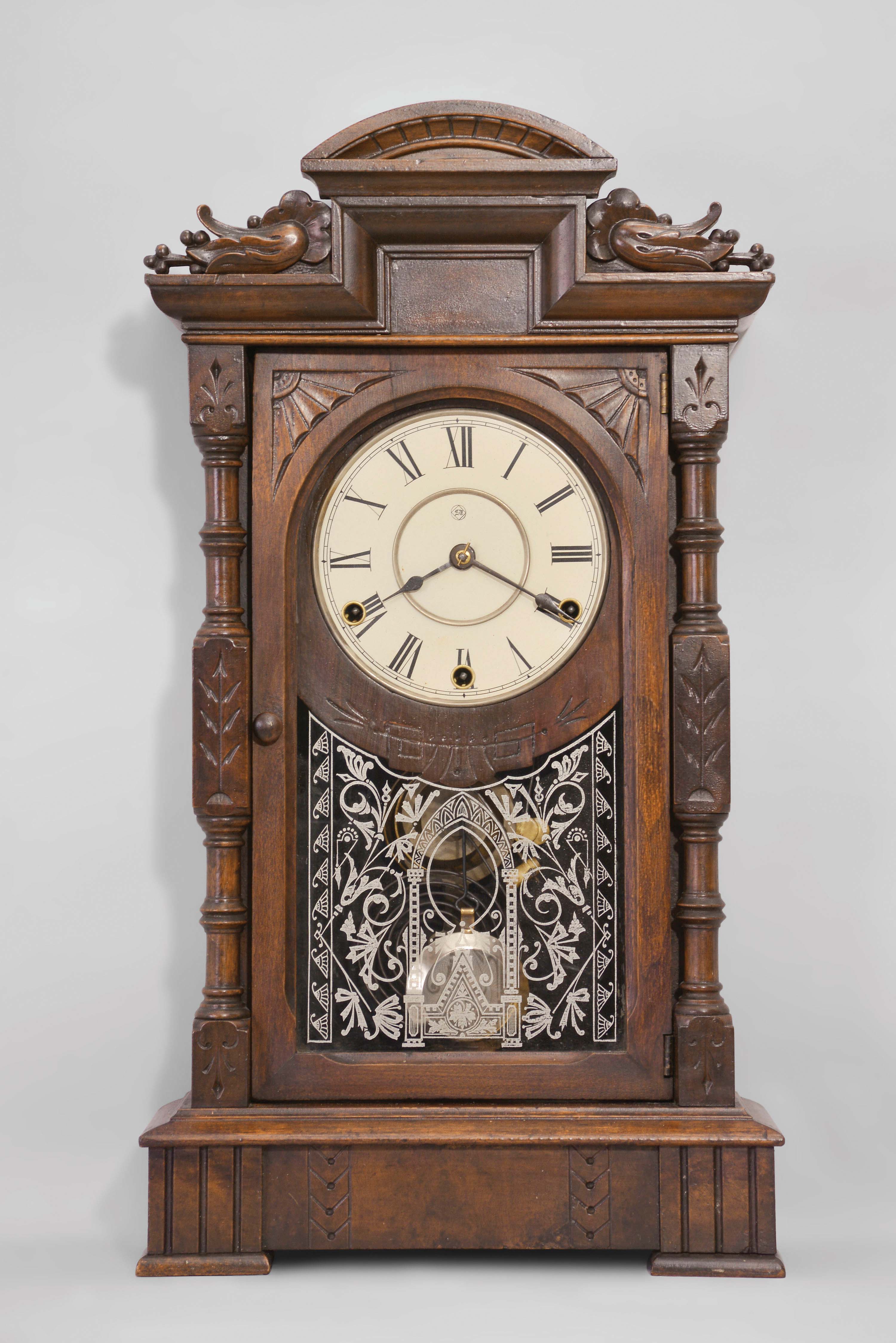 Seth Thomas Clock Co., Thomaston, Conn., "Hecla", 8 day, spring driven brass 3 train movement striking the hours on a cathedral gong and the quarter hours on two cup bells. — Antique Clocks Price Guide
