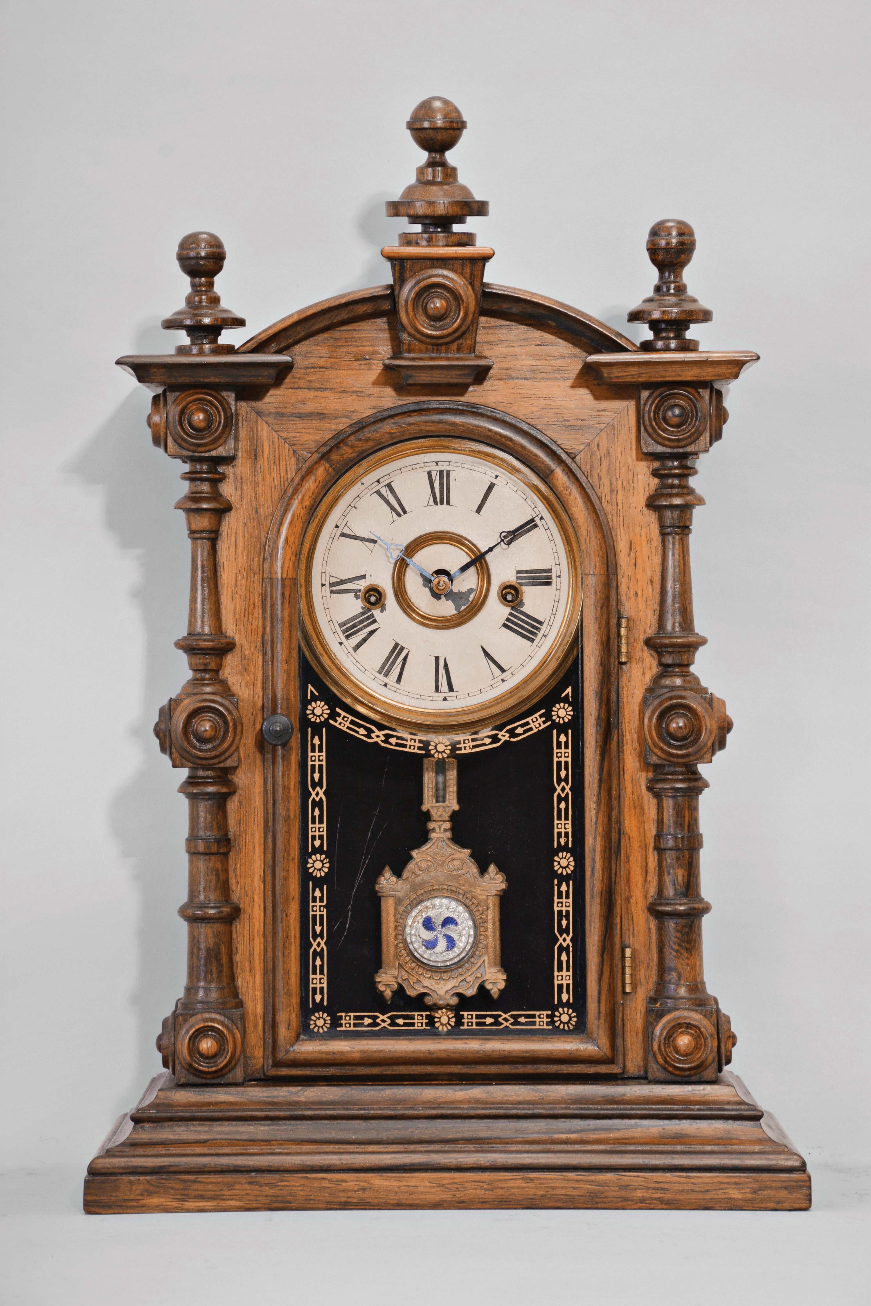 Welch, Spring &amp; Co., Forestville, Conn., "Patti V.P. No. 1", 8 day, time and strike, spring driven brass movement shelf clock. — Antique Clocks Price Guide