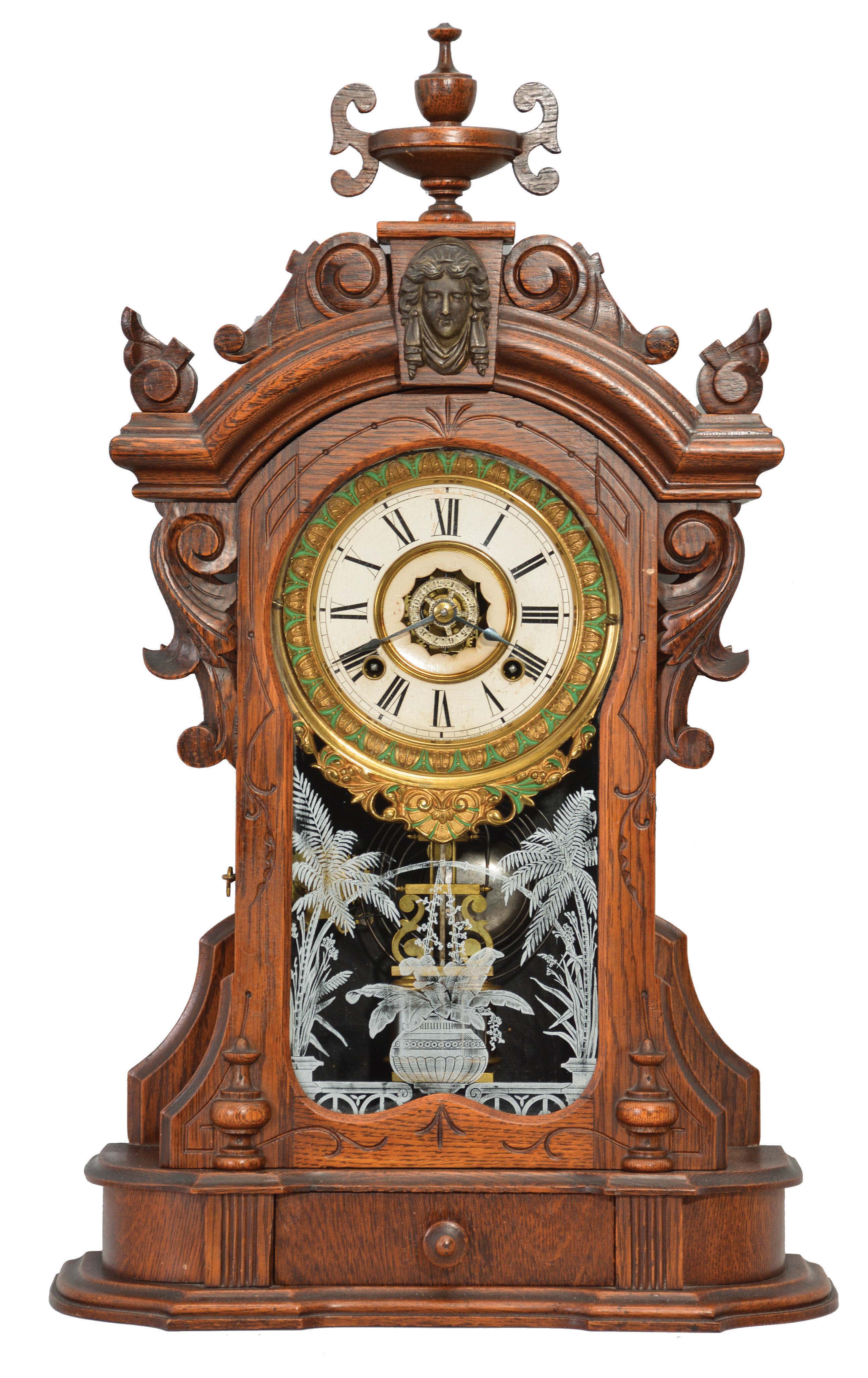 Ansonia Clock Co., New York, "Monarch", 8 day, time, strike and alarm spring brass movement shelf clock. — Antique Clocks Price Guide