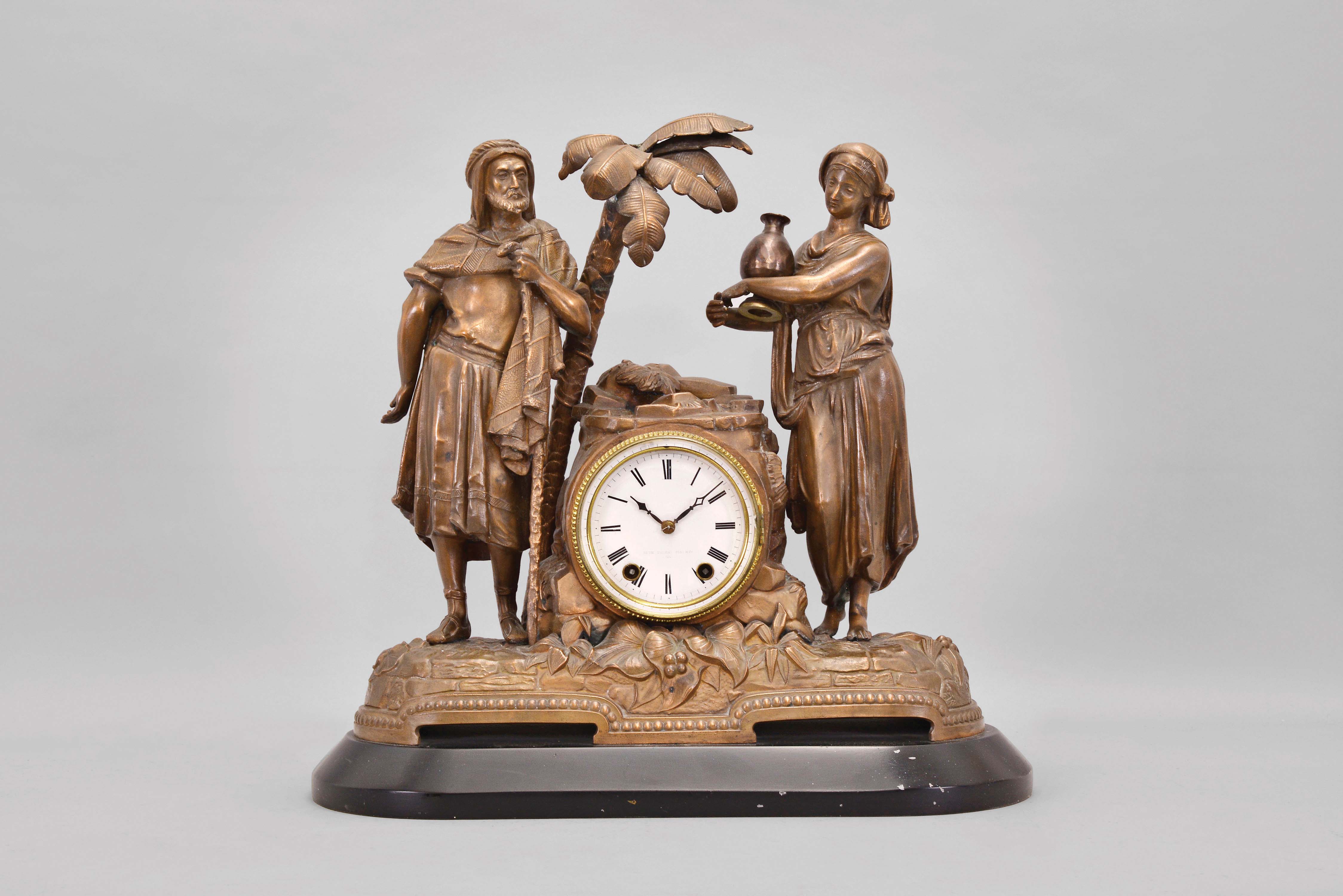 Seth Thomas Sons &amp; Co., New York, "8003" (Rebecca at the Well), shelf clock with a spring driven 15 day time and half hour strike movement in a bronzed finish spelter case. — Antique Clocks Price Guide