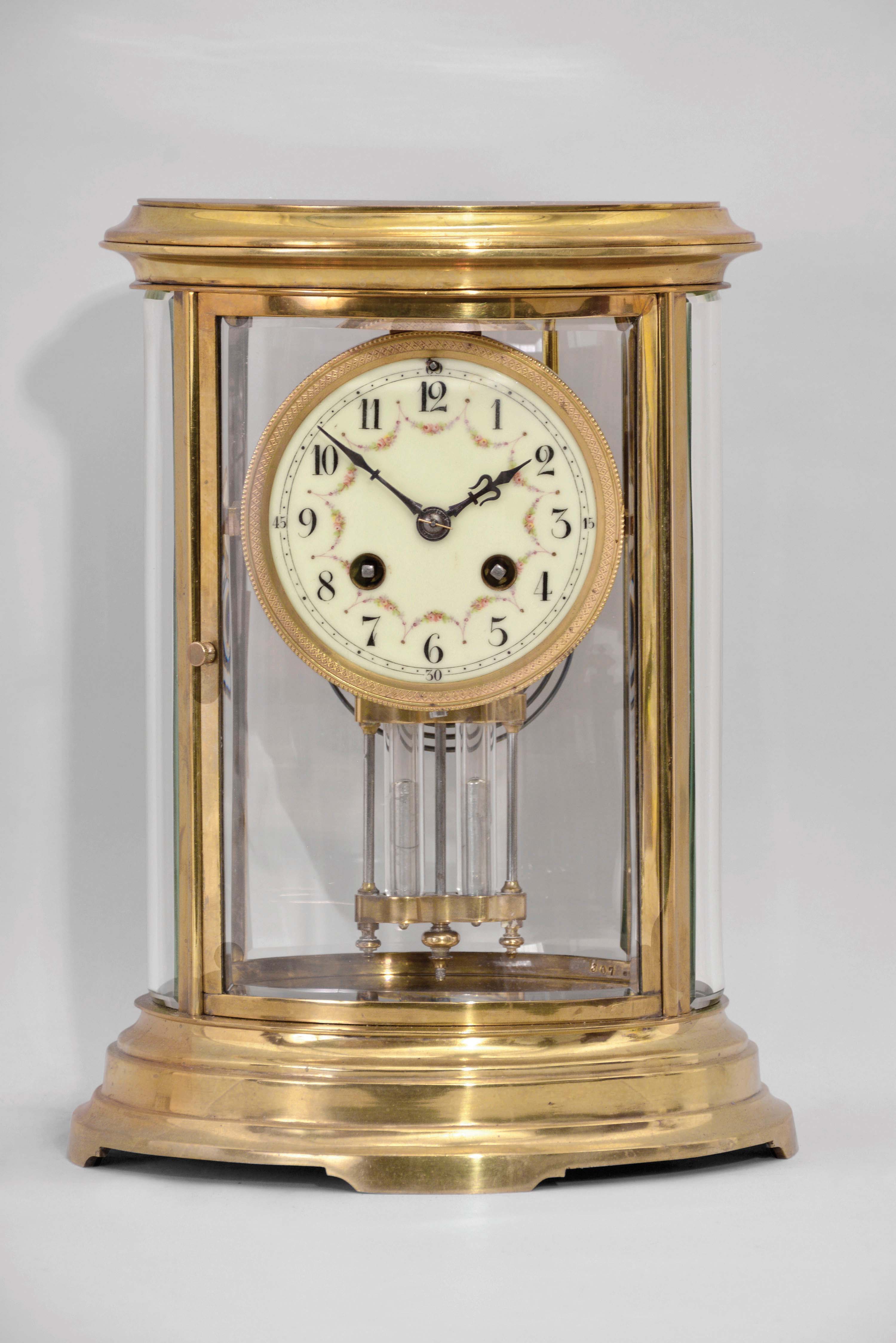 French, Marti &amp; Cie, 8 day, time and strike, spring brass movement oval case crystal regulator mantel clock. — Antique Clocks Price Guide
