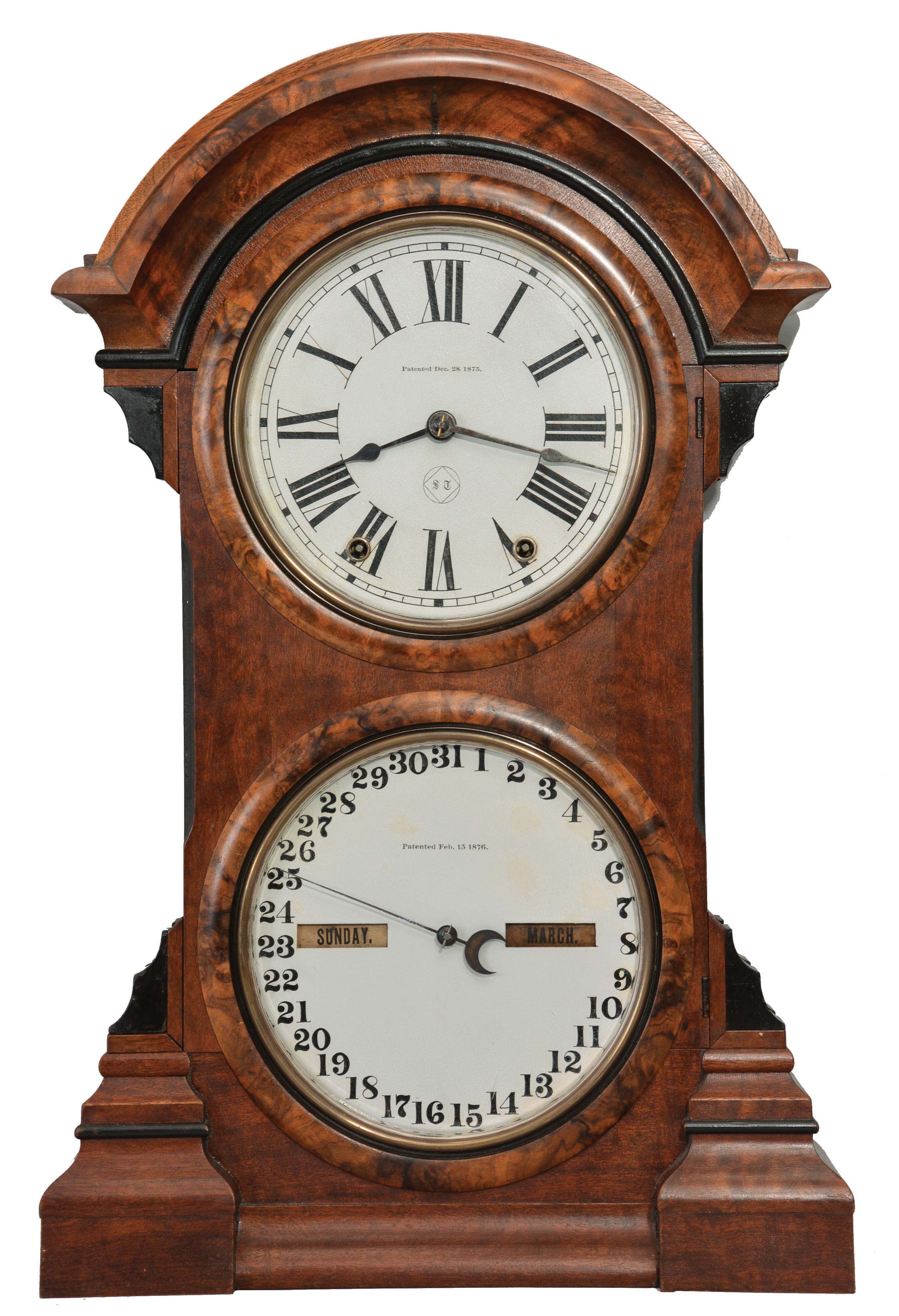Seth Thomas Clock Co., Thomaston, Conn., "Parlor Calendar No. 4", 8 day, time and strike, spring brass movement with 1876 patent R. T. Andrews perpetual calendar mechanism. — Antique Clocks Price Guide