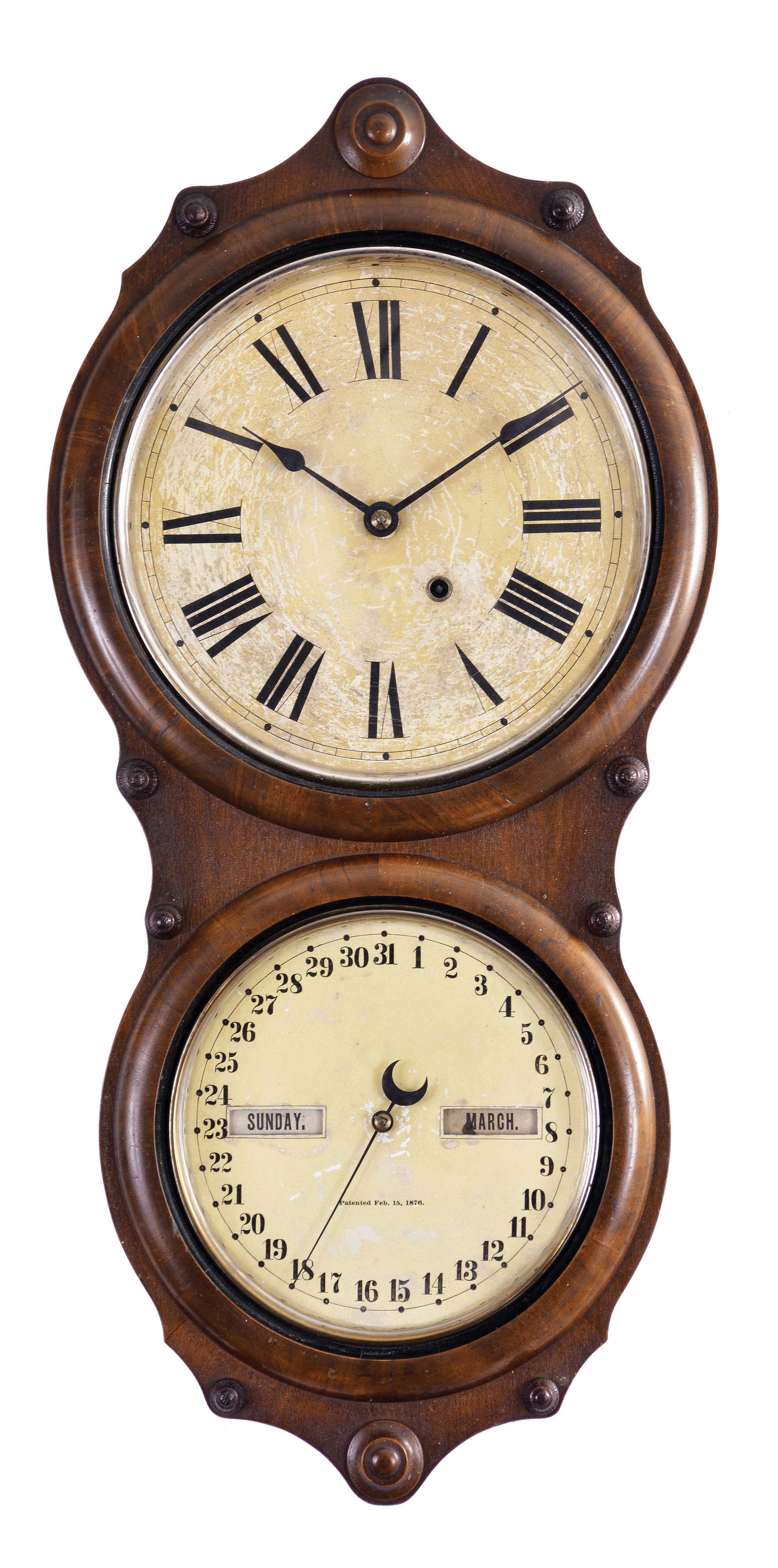 Seth Thomas Clock Co., Thomaston, Conn., "Office Calendar No. 7" hanging clock with a spring driven, 8 day, timepiece movement and an R. T. Andrews patented perpetual calendar mechanism. — Antique Clocks Price Guide