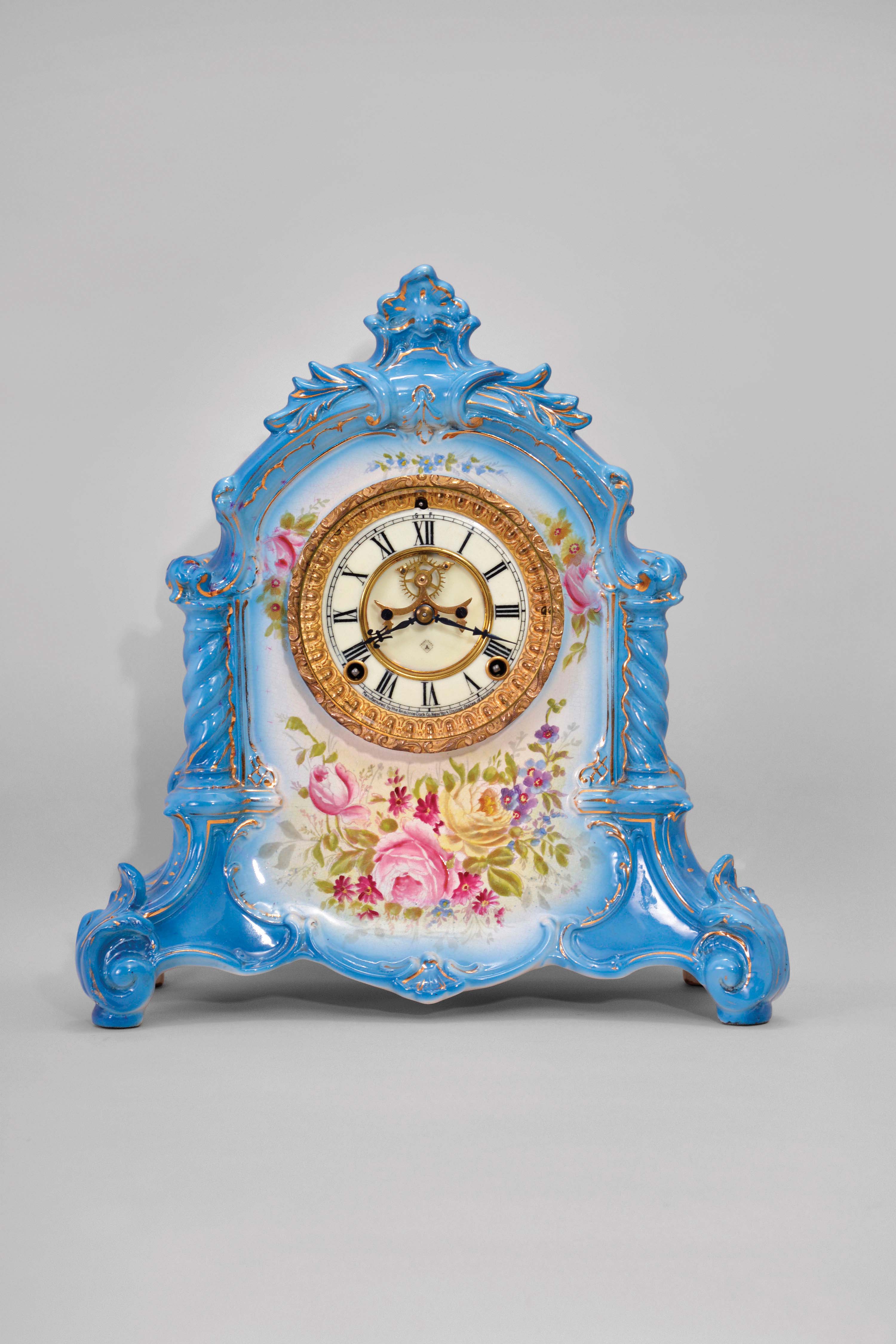 Ansonia Clock Co., New York, "La Verdon", 8 day, time and strike, spring driven brass movement porcelain mantel clock with visible escapement — Antique Clocks Price Guide