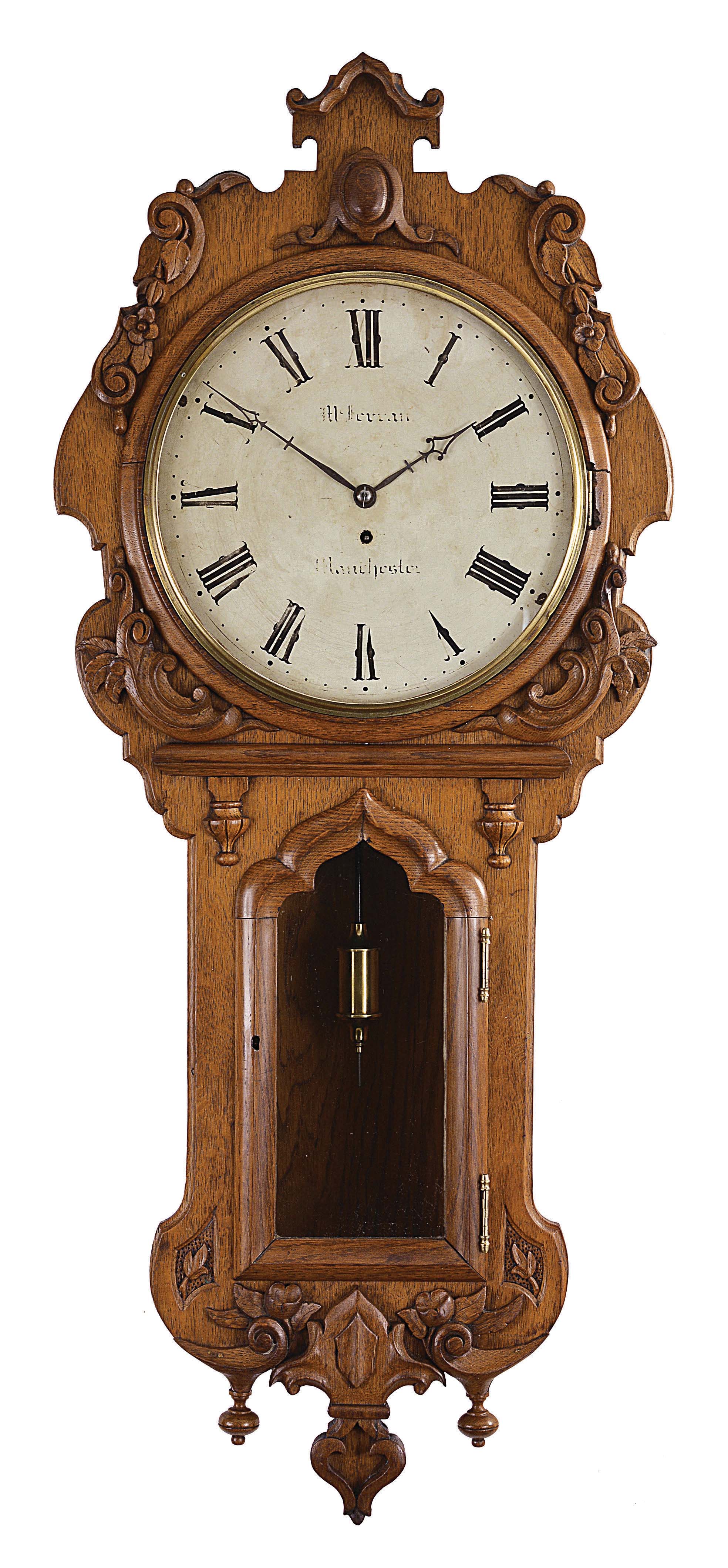 English, 8 day, time spring brass chain drive fusee movement tavern clock. Dial is signed McHerman, Manchester. — Antique Clocks Price Guide