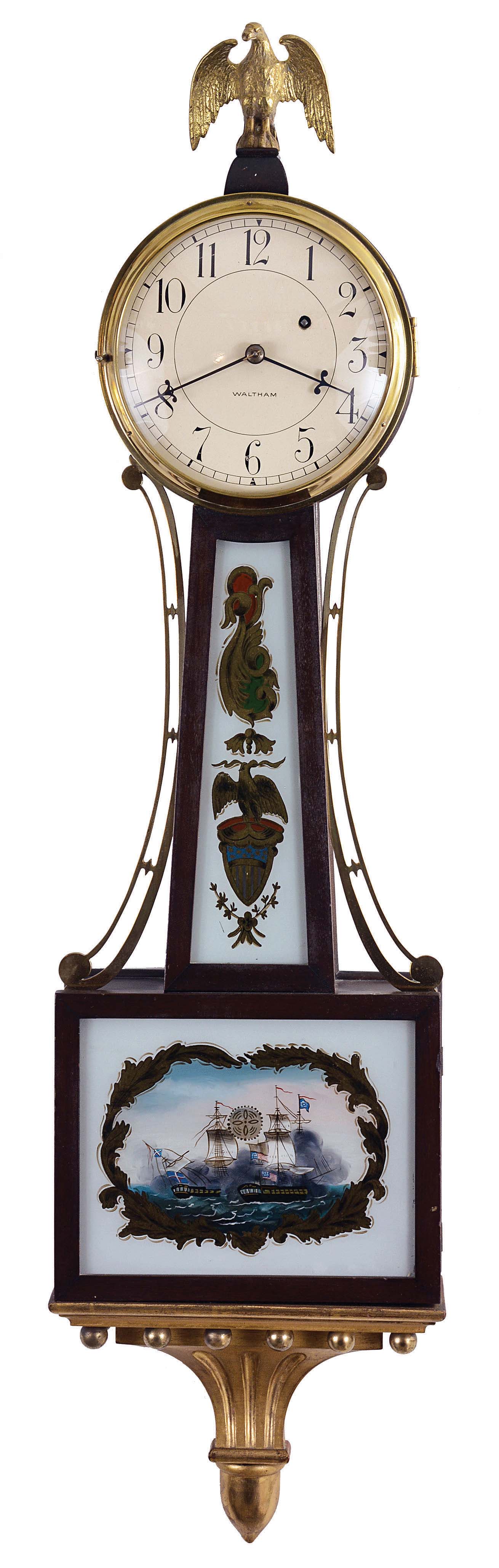 Waltham Clock Co., Waltham, Mass., 8 day, weight driven brass movement patent or banjo timepiece. Serial no. 7869. — Antique Clocks Price Guide