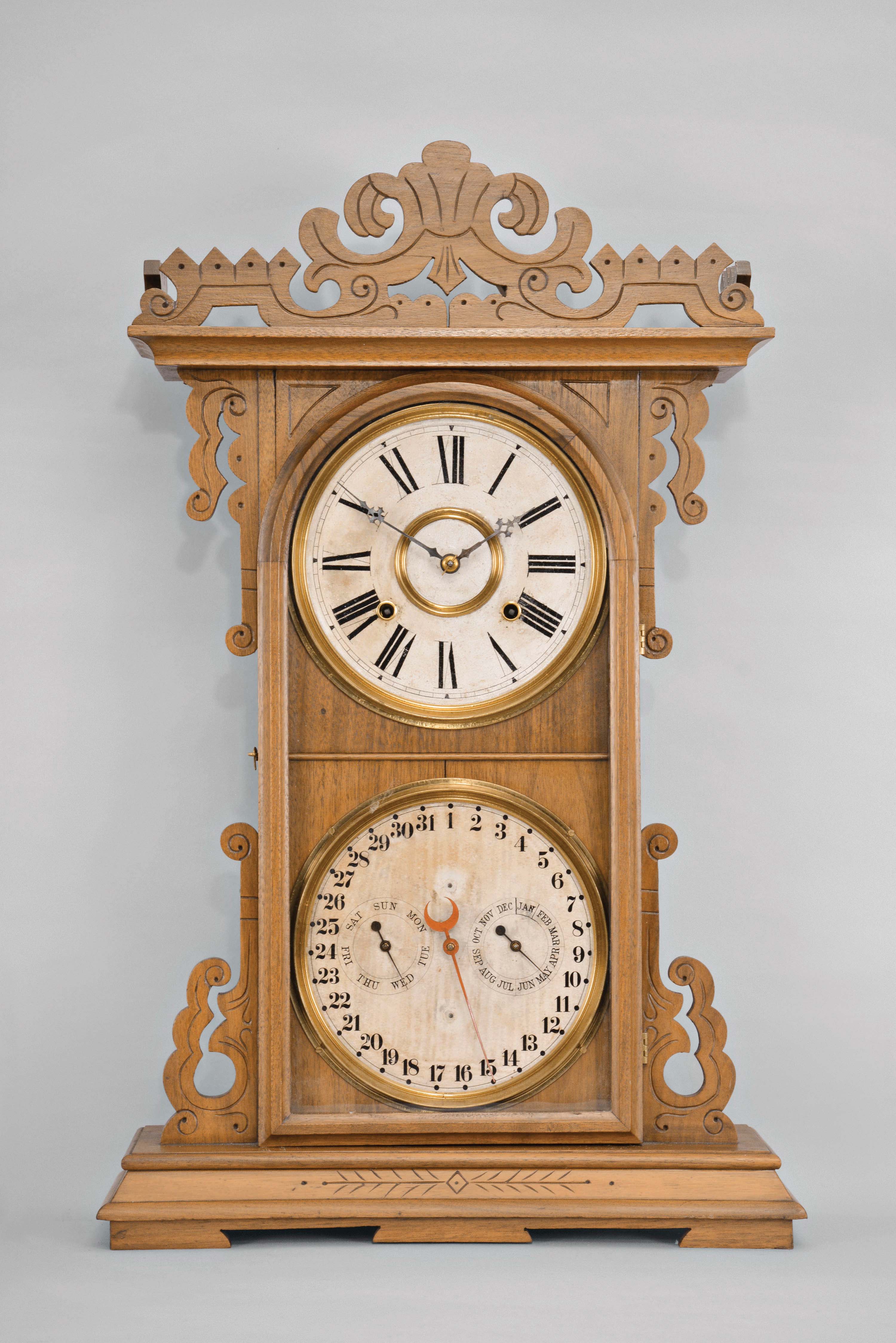 E. N. Welch Mfg. Co., Forestville, Conn., "Arditi", 8 day, time and strike, spring brass movement shelf clock with Daniel J. Gale's patent double dial calendar mechanism. — Antique Clocks Price Guide