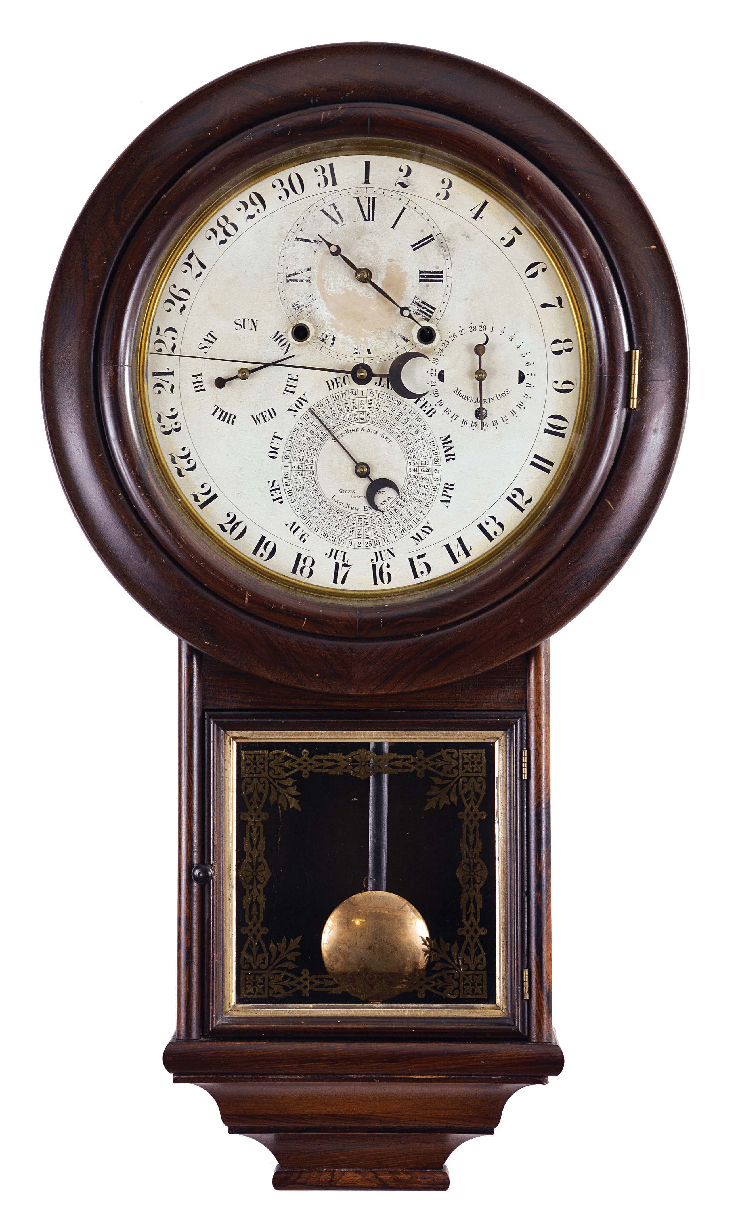 Welch, Spring &amp; Co., Forestville, Conn., "Gale Drop Calendar Model No. 3", 8 day, time and strike, spring driven brass movement with Daniel J. Gale patent calendar. — Antique Clocks Price Guide