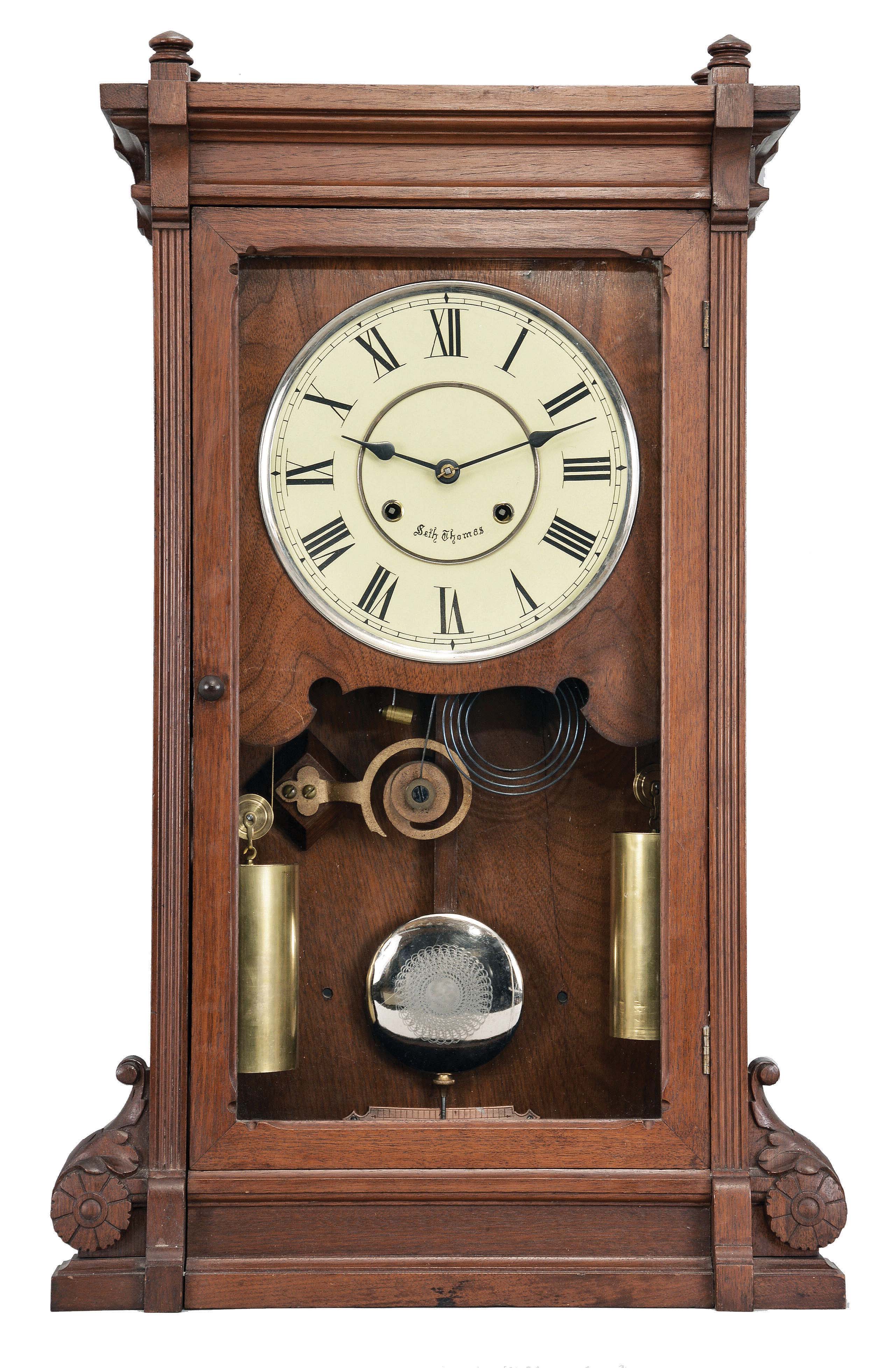 Seth Thomas Clock Co., Thomaston, Conn., "Lincoln V. P." shelf clock with a weight driven, 8 day, time and strike movement with cathedral gong in a walnut case — Antique Clocks Price Guide