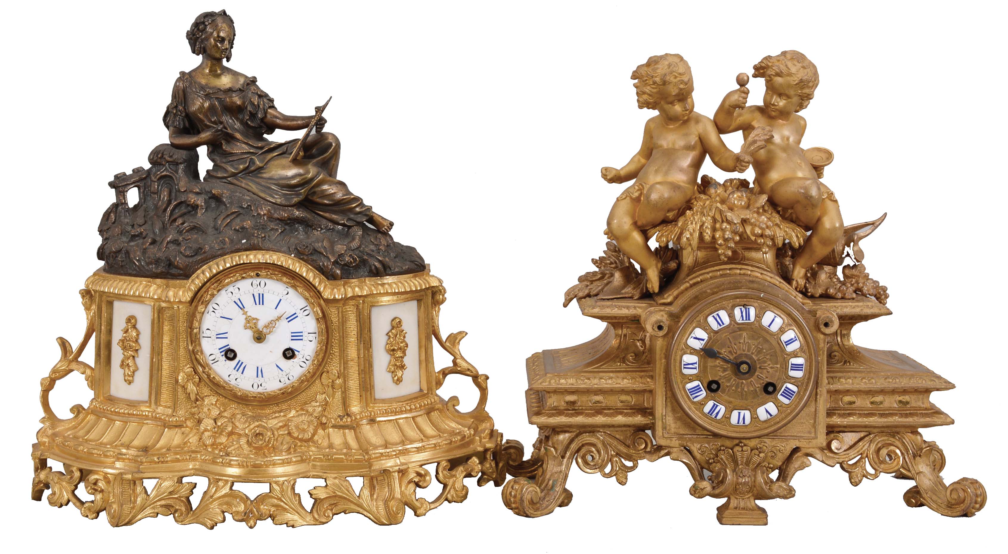 Clocks- 2 (Two): (1) French, Picault Lagutry, Paris, 8 day, time and strike, spring brass movement figural mantel clock, c1900 (2) French, Japy Freres, 8 day, time and strike, spring brass movement figural mantel clock, c1900. — Antique Clocks Price Guide