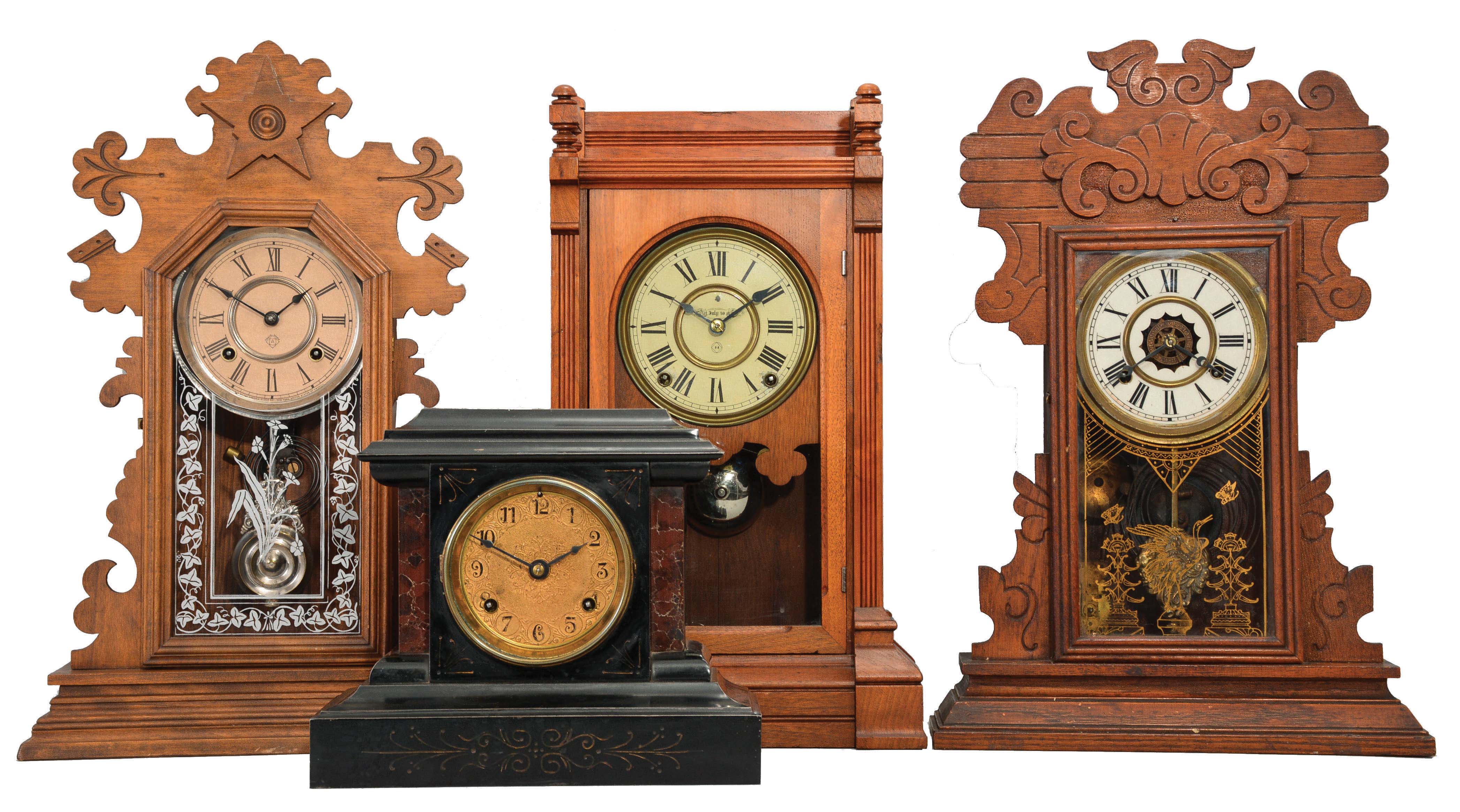Clocks- 4 (Four): (1) Ansonia Clock Co., New York, "Berkeley" shelf clock with a spring driven, 8 day, time and strike movement in a walnut case, c1900. (2) Waterbury Clock Co., Waterbury, Conn., "Newburgh" shelf clock with a spring driven, 8 day, time and strike movement in an oak case, c1900. (3) Seth Thomas Clock Co., Thomaston, Conn., "Albion" shelf clock with a spring driven, 8 day, time and strike movement in a walnut case, c1880. (4) Waterbury Clock Co., Waterbury, Conn., unidentified model shelf clock with an spring driven, 8 day, time and rack strike movement in an enameled iron case, c1900. — Antique Clocks Price Guide