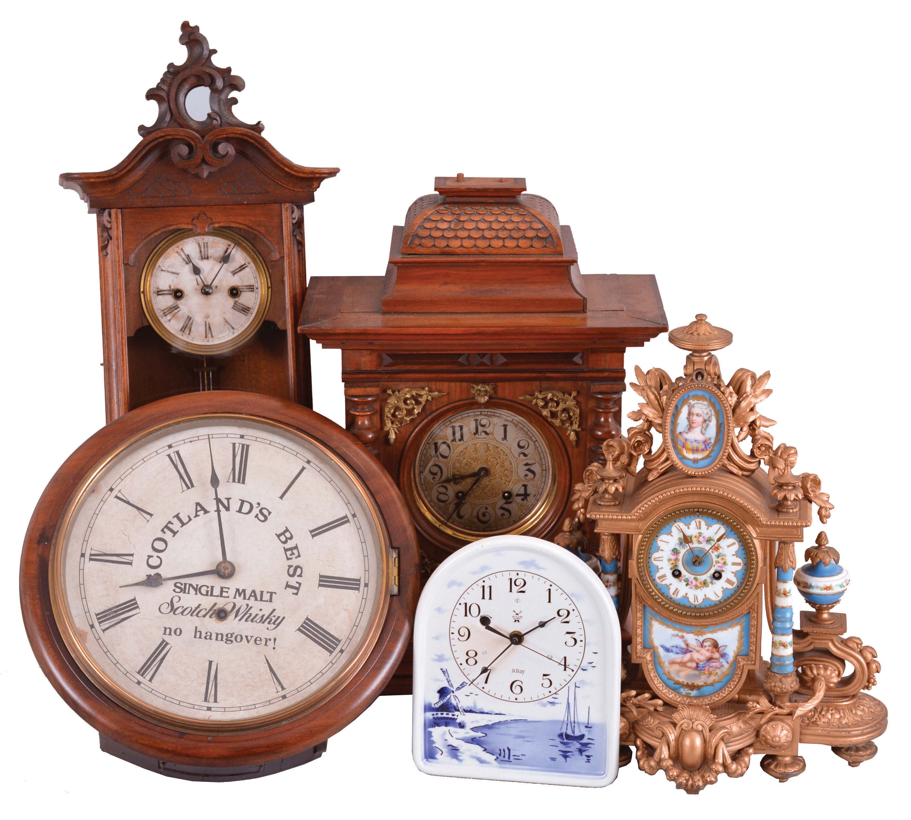 Clocks- 5 (Five): (1) French, 8 day, time and strike, spring brass movement mantel clock, c1900 (2) English, 8 day, spring brass movement gallery timepiece with dial advertising "SCOTLAND'S BEST / Single Malt / Scotch Whiskey / No Hangover!", c1900. (3) German, Adolph Stern, Schramburg, 30 hour, time and strike, spring brass movement small wall clock, c1920 (4) German 8-day timepiece in Delft-style ceramic front wall case c1930 (5) German, Etzold &amp; Popitz, Leipzig Germany, 8 day, time and strike, spring brass movement shelf clock, c1900 — Antique Clocks Price Guide