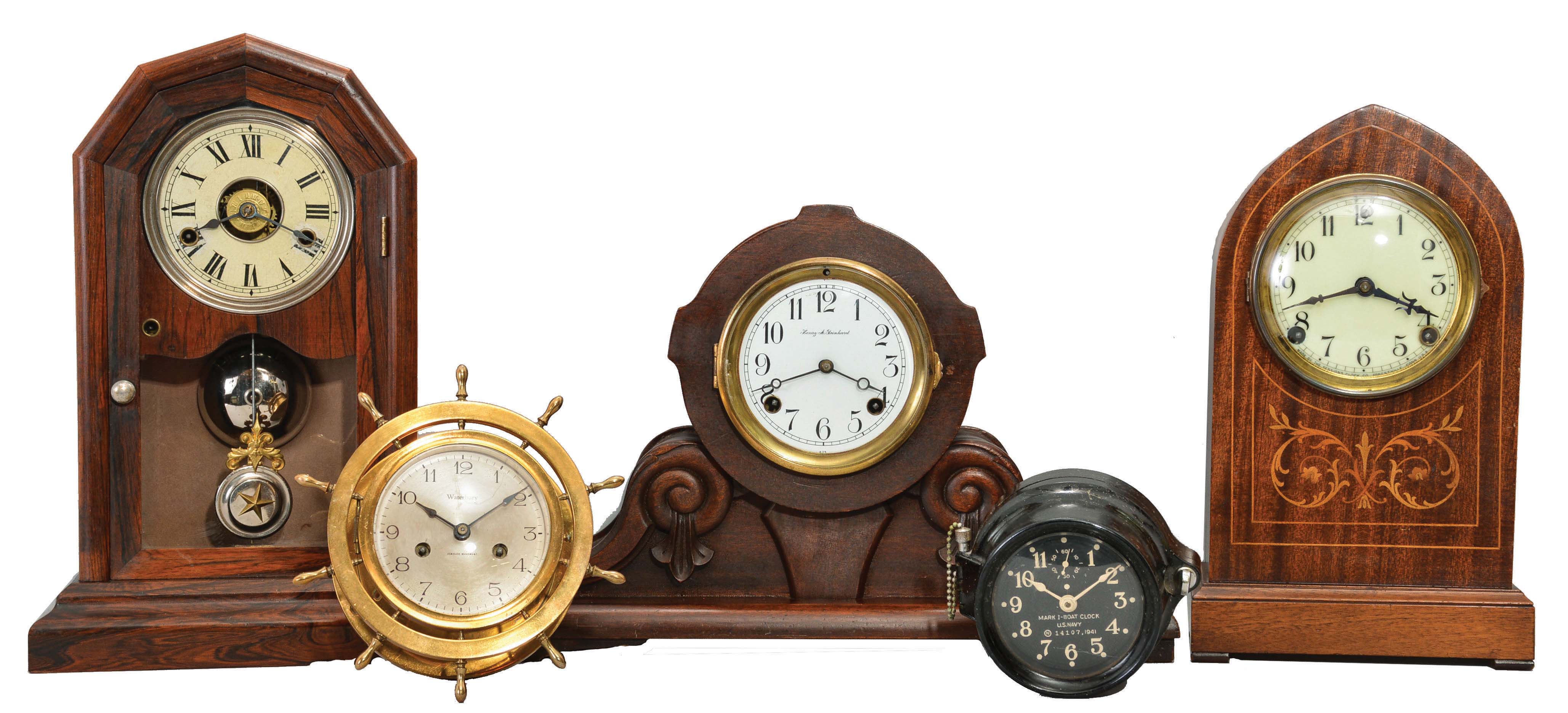 Clocks- 5 (Five): (1) Seth Thomas Clock Co., Thomaston, Conn., "Nashville V.P.", 30 hour, time, strike and alarm spring brass movement shelf clock, c1879 (2) New Haven Clock Co., New Haven, Conn., "Ostend", 8 day, time and strike, spring brass movement tambour mantel clock, c1911 (3) Sessions Clock Co., Forestville, Conn., "Concord", 8 day, time and strike, spring brass movement mantel clock, c1920 (4) Waterbury Clock Co., Waterbury, Conn., "Ships Bell; No. 10", 8 day, time and strike, spring lever movement wall clock, c1915 (5) Seth Thomas Clock Co., Thomaston, Conn., spring brass lever movement Mark 1- Boat Clock, U.S. Navy, serial no. 14107, 1941. — Antique Clocks Price Guide