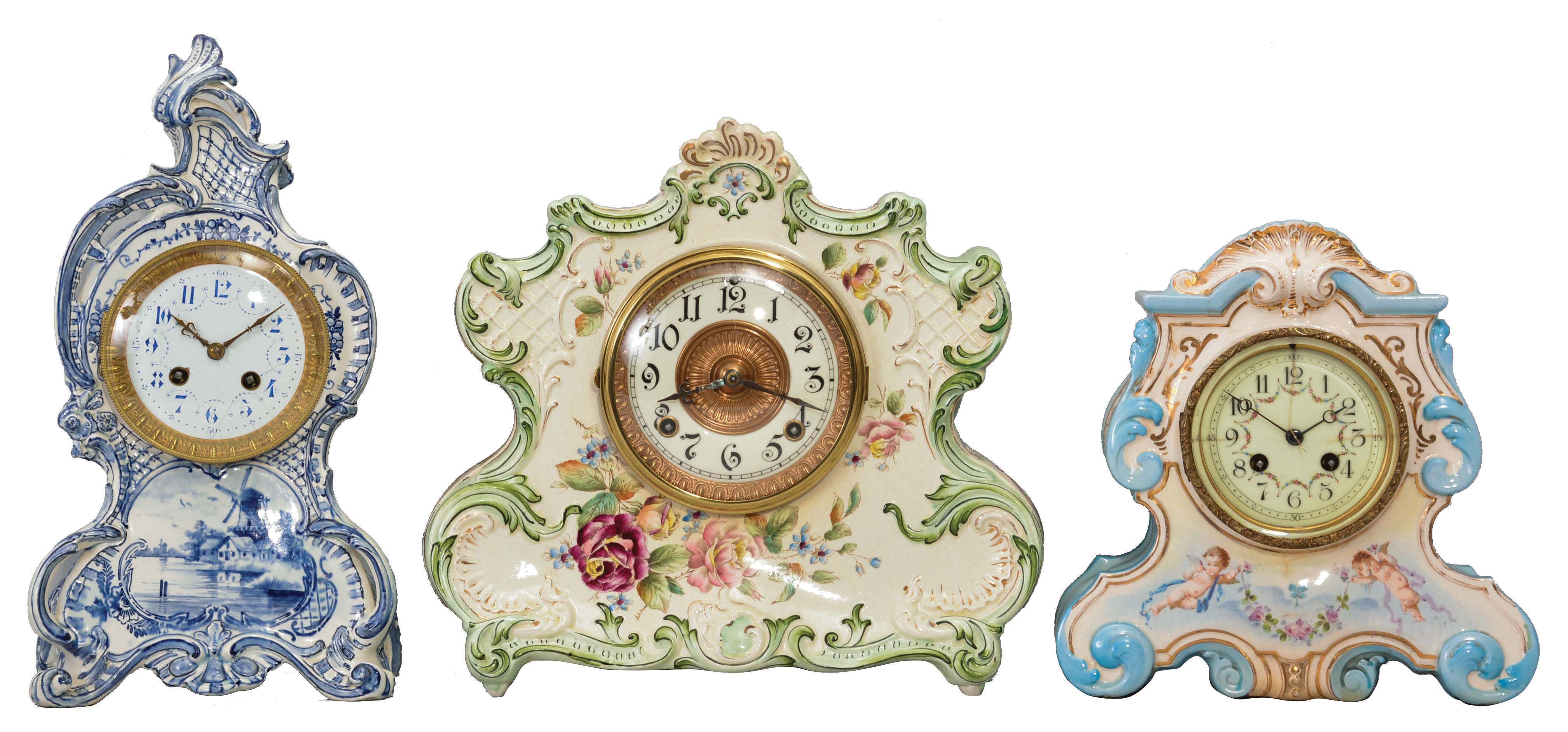 Clocks- 3 (Three): Porcelain case mantel clocks (1) French, 8 day, time and strike, spring brass movement, c1900 (2) French, Japy Freres, 8 day, time and strike, spring brass movement, c1900 (3) Ansonia Clock Co., New York, "Dresden Extra", 8 day, time and strike, spring brass movement, c1905. — Antique Clocks Price Guide