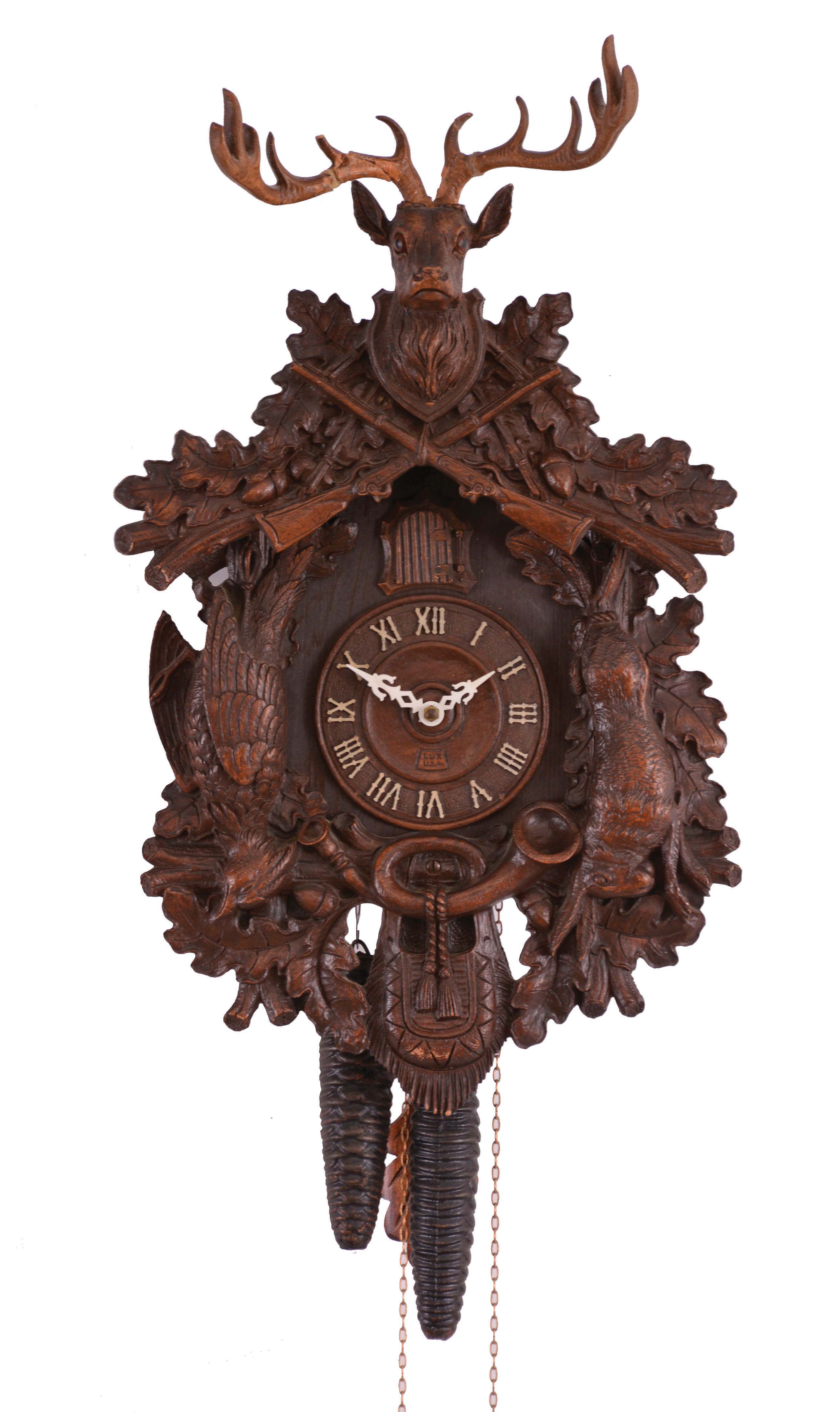 Clocks- 5 (Five) German &amp; American wall: Three German two-weight cuckoo clocks, two by George Kuehl &amp; Co. and two signed. One small German novelty clock with enameled dial. One cuckoo clock by the Lux Clock Mfg. Co., Waterbury, CT. — Antique Clocks Price Guide