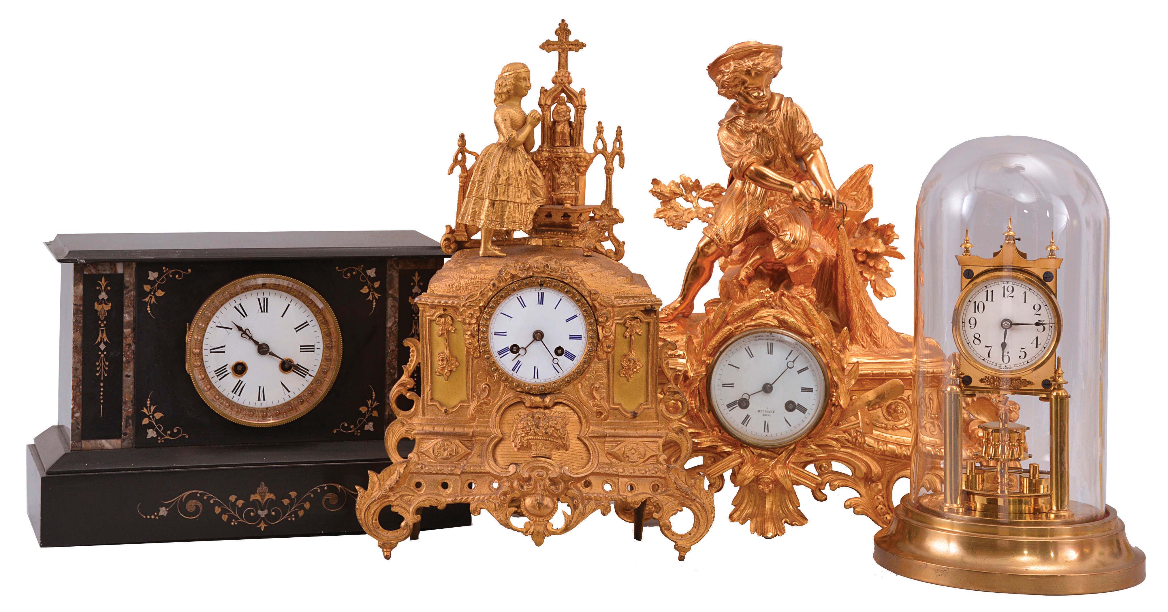 Clocks- 4 (Four) European shelf: (1) Gustav Becker, German, 400 day or anniversary clock, spring driven movement with a solid disk torsion pendulum, c1915. (2) Japy Freres, Paris, mantel clock, 8 day, time and strike, spring driven movement with silk thread suspension in an ormolu case featuring a woman in prayer, c1855. (3) Japy Freres, Paris, mantel clock, 8 day, time and strike, pendule de Paris movement in an ormolu case depicting a fisherman, c1875. (4) France, mantel clock, 8 day, time and strike, spring driven pendule de Paris movement in a black slate case with variegated marble accents, c1880. — Antique Clocks Price Guide
