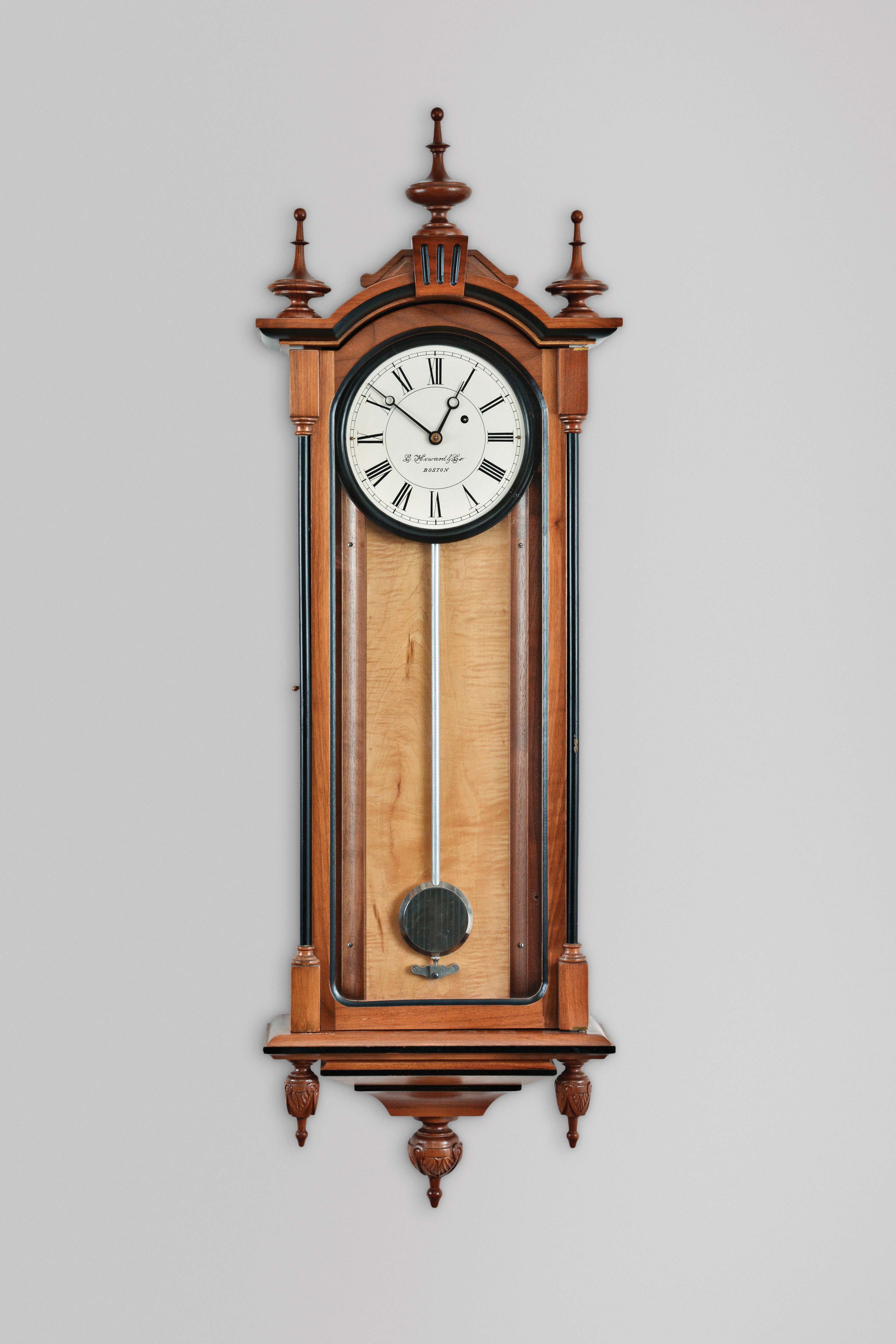 E. Howard &amp; Co., Boston, Mass., "Regulator No. 59-8" reissue, 8 day, weight driven brass movement hanging timepiece. Case is stamped "53". Movement is also stamped "53" and Aug. 1976. — Antique Clocks Price Guide
