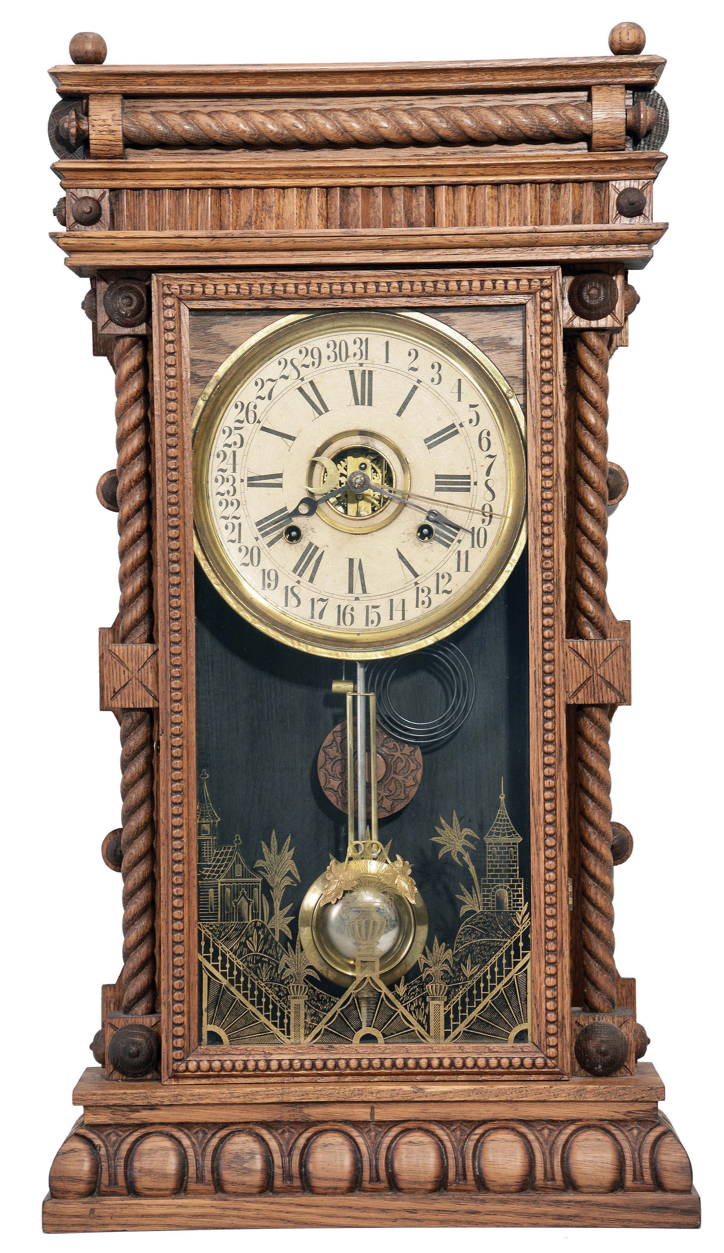 William L. Gilbert Clock Co., Winsted, Conn., "Elberon" 8 day, time and strike, spring brass movement shelf clock clock. This example has a simple calendar rather than Mc Cabe's Patent calendar mechanism. — Antique Clocks Price Guide