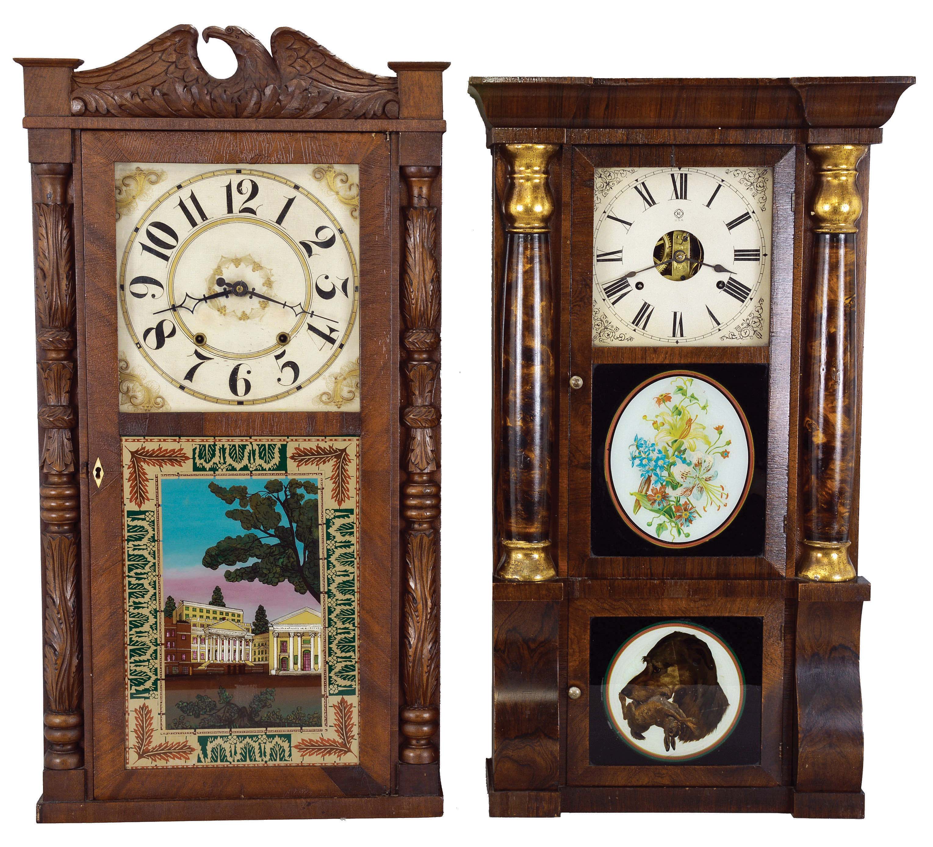 Clocks- 3 (Three): Seth Thomas Clock Co., Thomaston, Conn., "Parlor Calendar No. 3", 8 day, time and strike, spring brass movement double dial calendar clock, c1900 (2) Riley Whiting, Winchester, Conn., 30 hour, time and strike, weight wood movement carved column &amp; carved eagle splat shelf clock, c1830 (3) Seth Thomas Clock Co., Thomaston, Conn., 8 day, time and strike, weight brass movement column &amp; cornice shelf clock, c1870 — Antique Clocks Price Guide